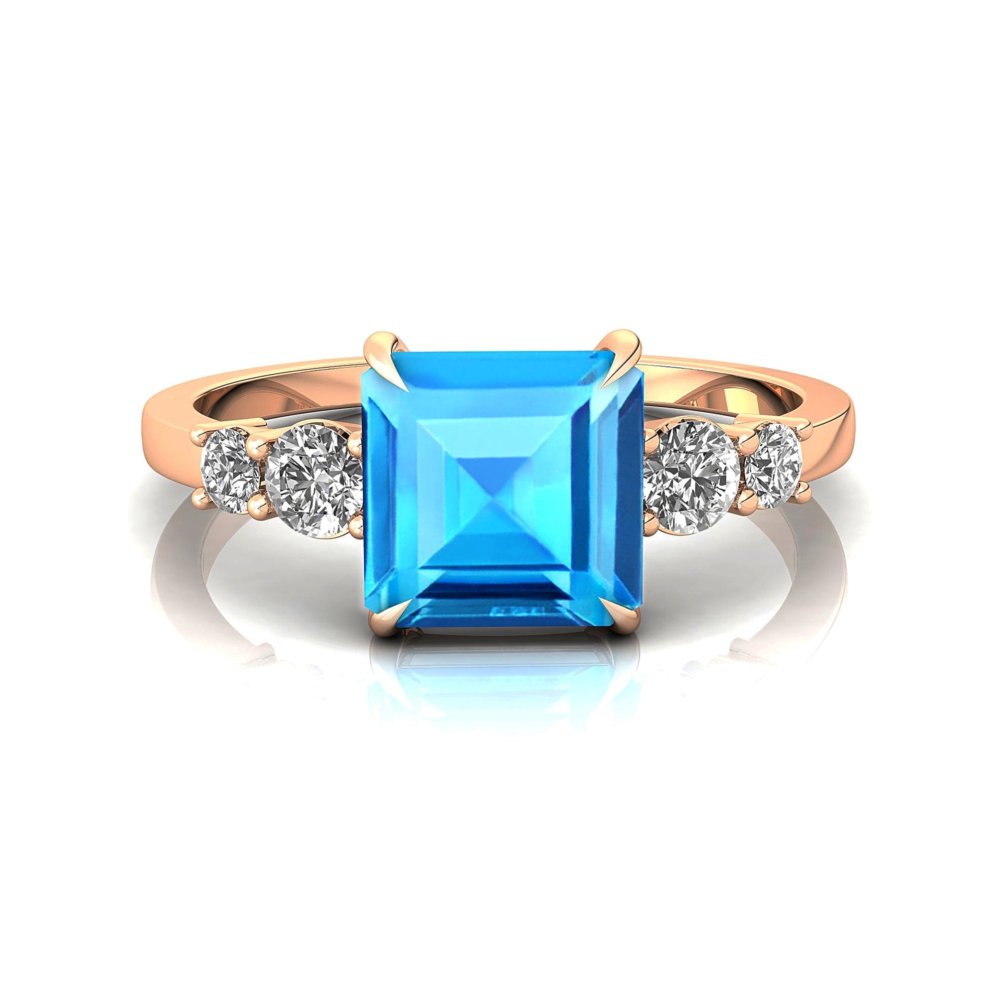 Princess Cut Swiss Blue Topaz Graduating Accent Diamond Ring - GeumJewels