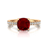 Ruby Square Cushion Under Halo Diamonds Thin Ring with Diamond Band - GeumJewels