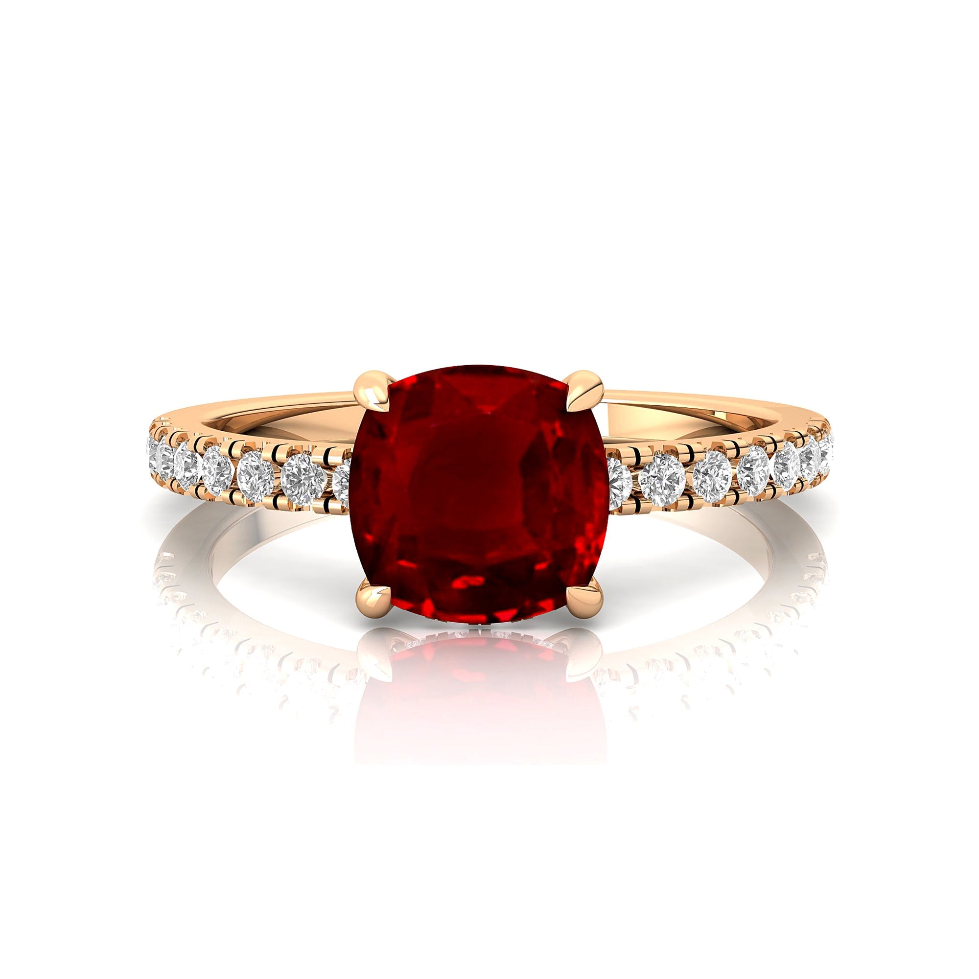 Ruby Square Cushion Under Halo Diamonds Thin Ring with Diamond Band - GeumJewels