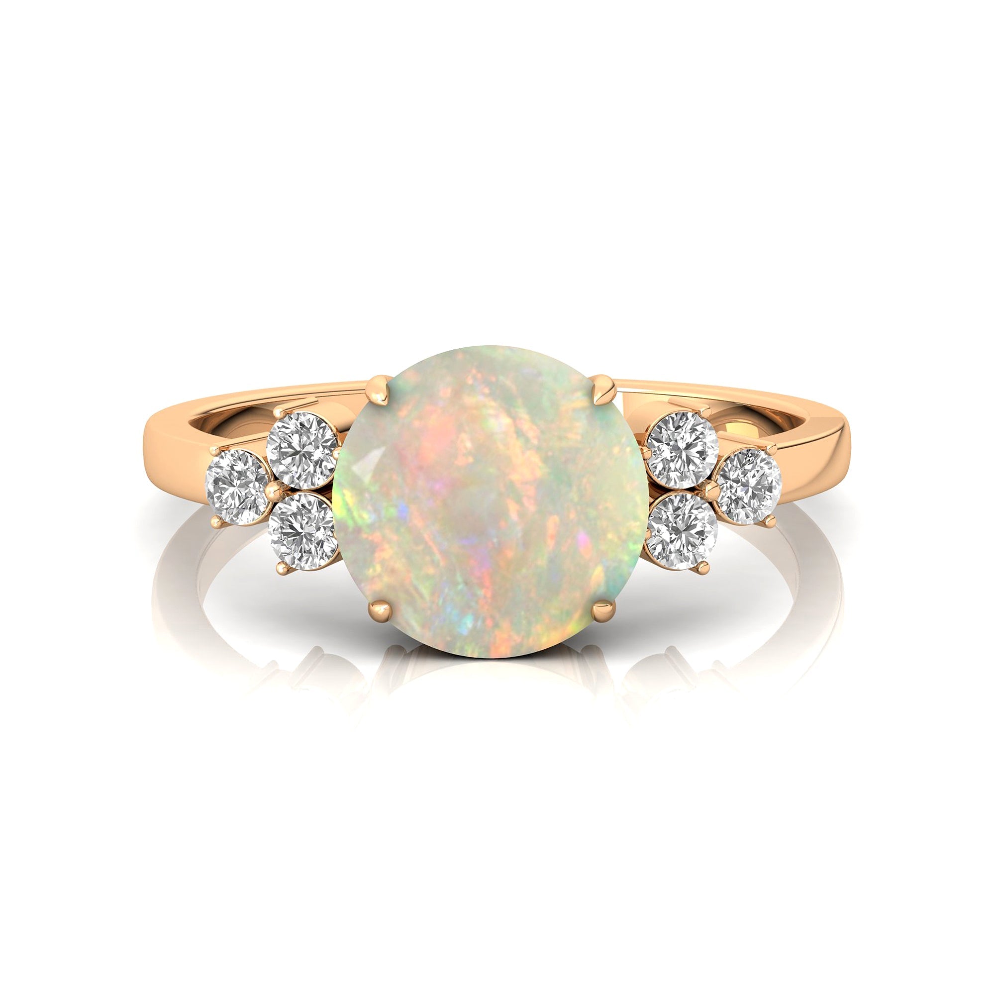 Trio Diamond Engagement Ring with Round Solitaire Opal - GeumJewels
