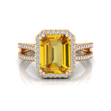 Halo Set Emerald Shaped Yellow Sapphire Split Shank Ring with Accent Diamonds - GeumJewels