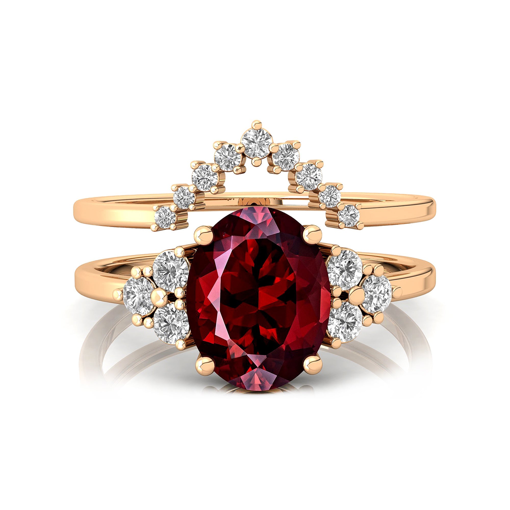 Garnet Solitaire Gold Ring With Stackable Diamond Band - GeumJewels