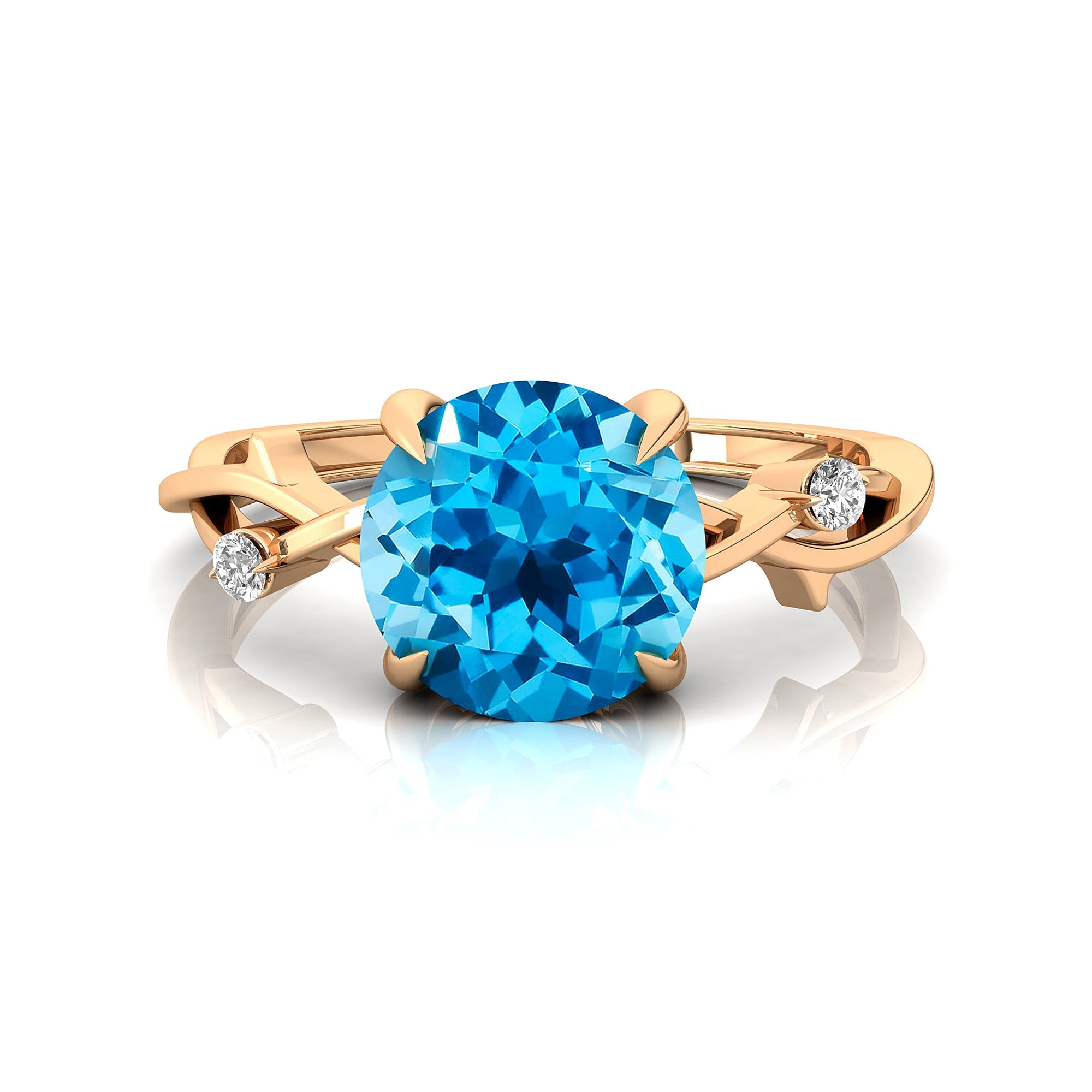Criss Cross Nature Inspired Diamond Ring  with Round Swiss Blue Topaz - GeumJewels