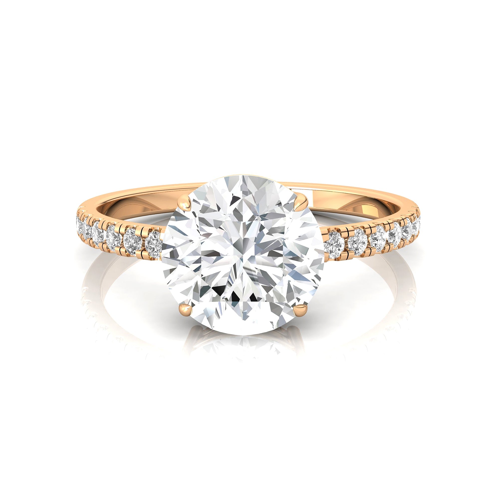 Lab Diamond Classic Six Prong Round Solitaire Ring with Accent Diamond Band - GeumJewels