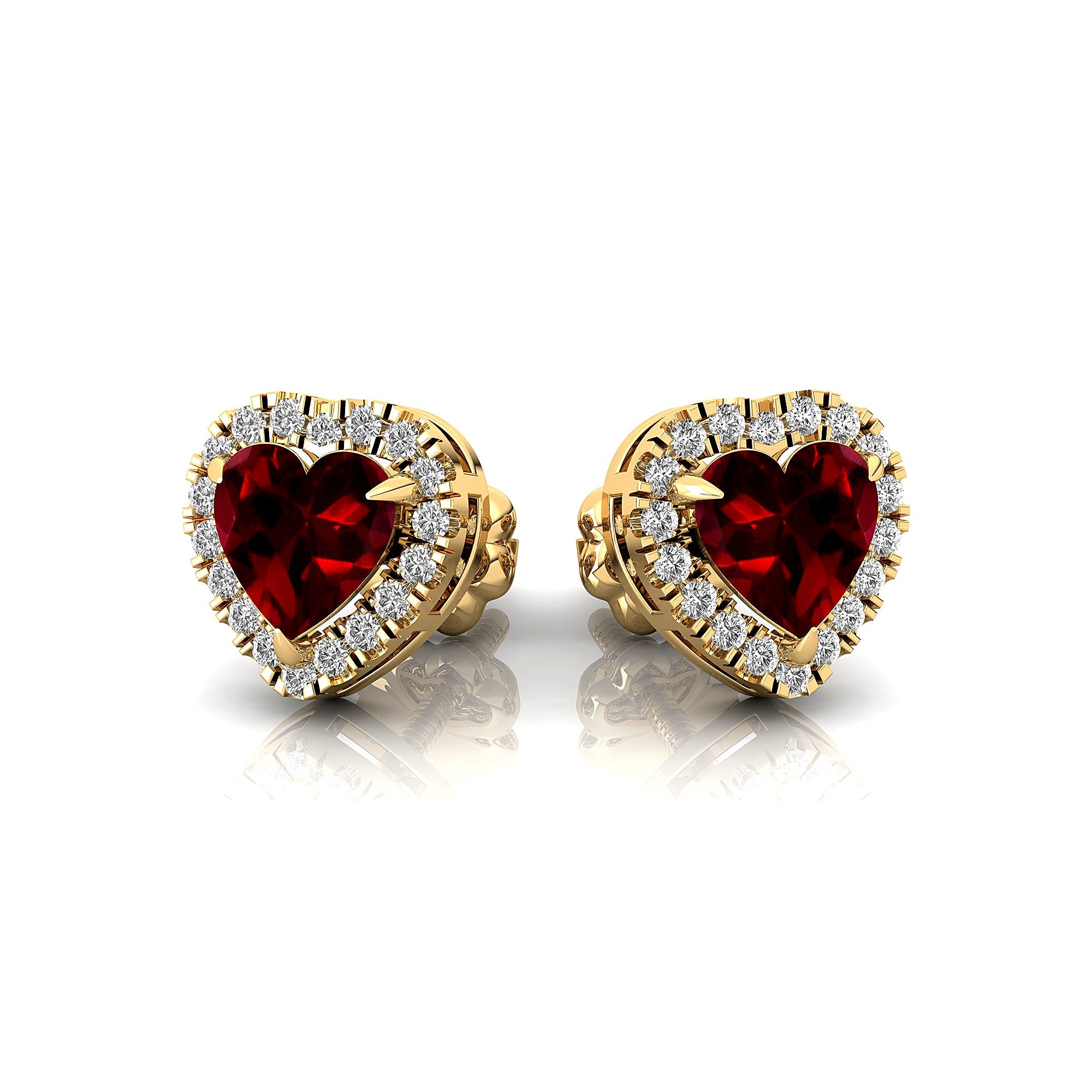 Heart Shaped Garnet Halo Diamond Stud Earrings - GeumJewels