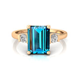 Emerald Cut London Blue Topaz and Diamond Three Stone Ring - GeumJewels