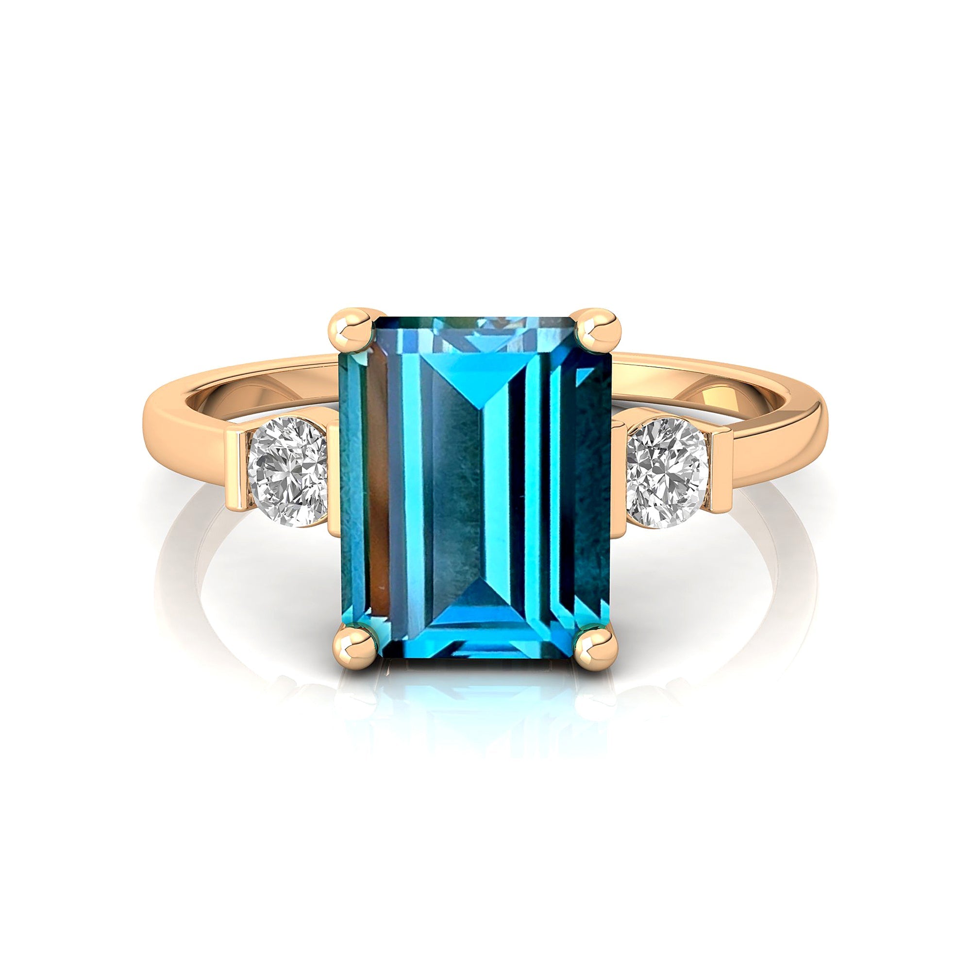 Emerald Cut London Blue Topaz and Diamond Three Stone Ring - GeumJewels