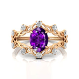 Flower Inspired Ring with Oval Shaped Amethyst and Accent Diamonds - GeumJewels