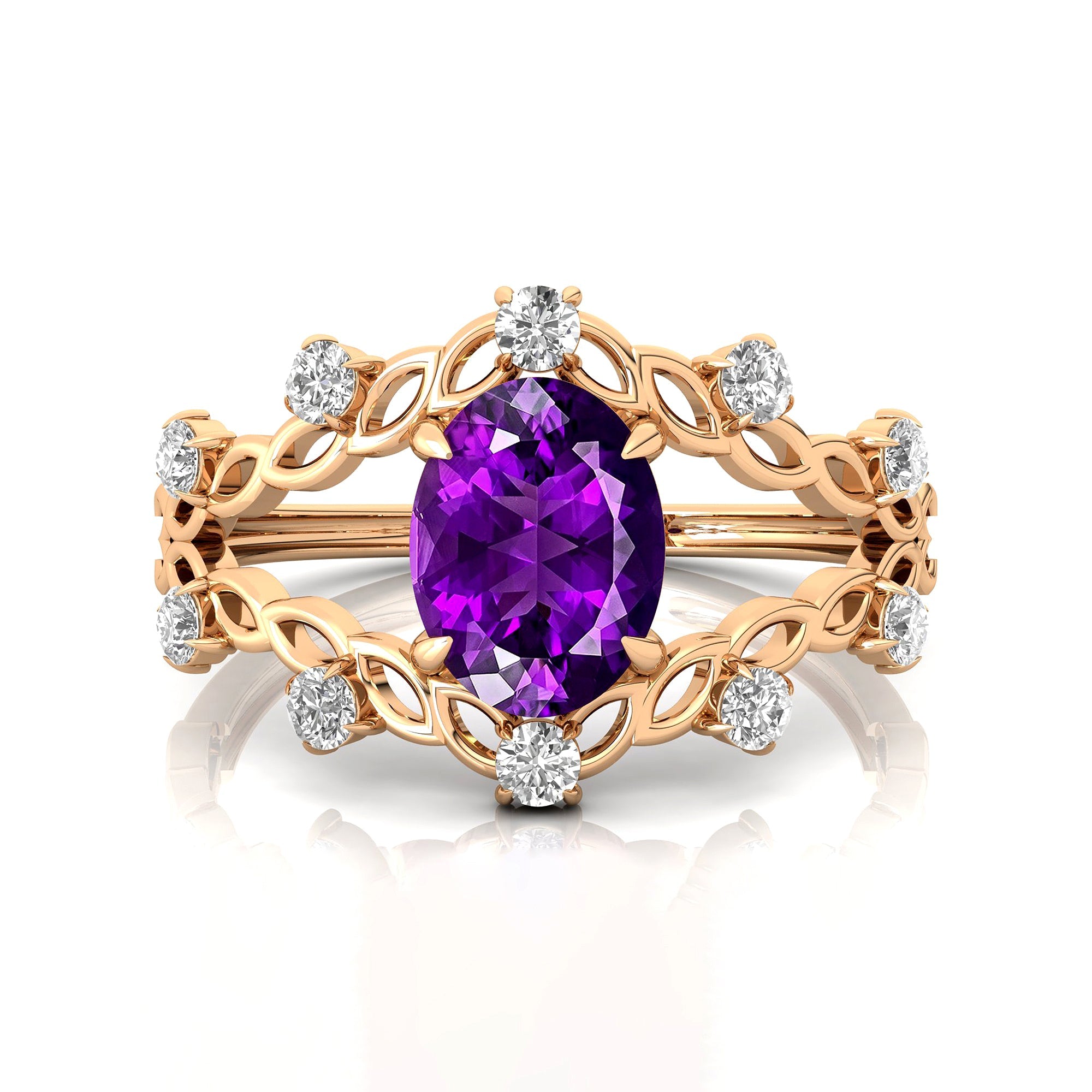 Flower Inspired Ring with Oval Shaped Amethyst and Accent Diamonds - GeumJewels