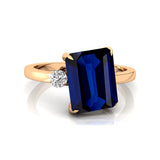 Emerald Shaped Blue Sapphire with 3mm Accent Solitaire Engagement Ring - GeumJewels