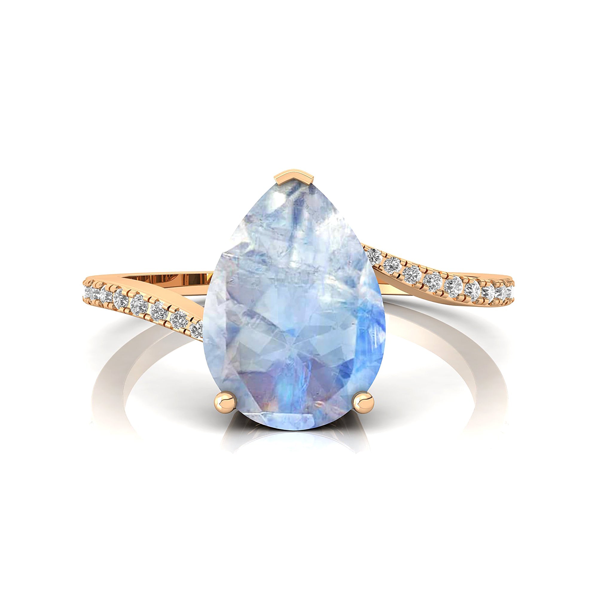 Twisted Up Down Band Pear Shaped Moonstone Ring with Accent Diamonds - GeumJewels