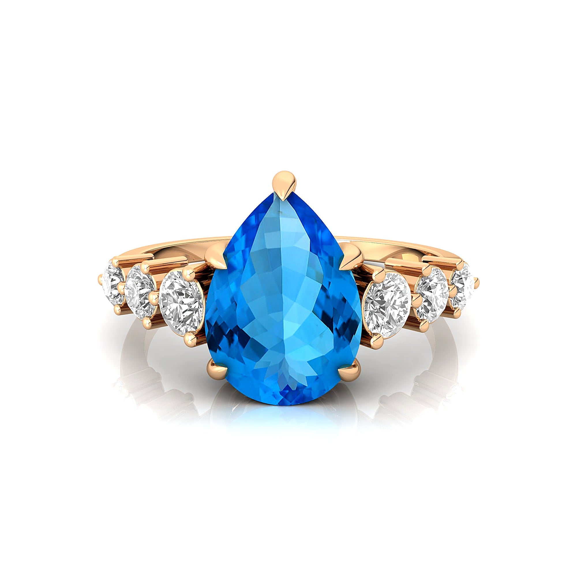 Pear Cut Swiss Blue Topaz with Graduated Diamonds Ring - GeumJewels