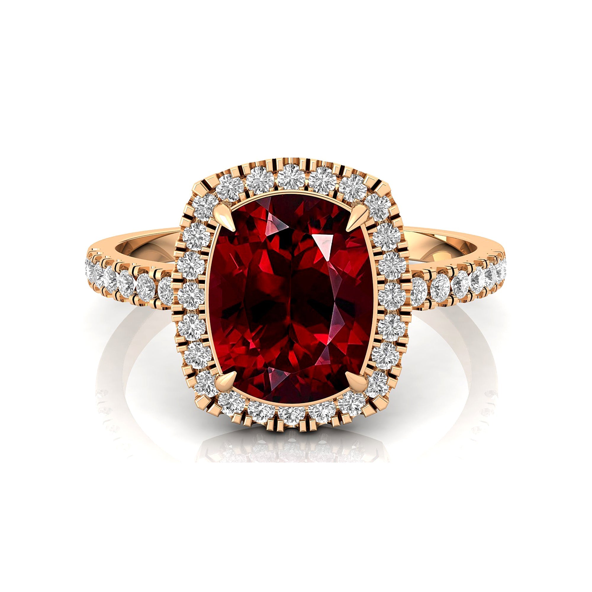 Elongated Cushion Halo Set Garnet Engagement Ring with Diamond Band - GeumJewels