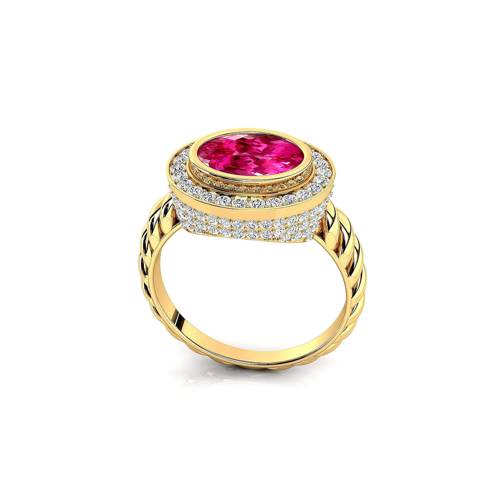 Vintage Style Elongated Oval Pink Sapphire Halo Diamond Twisted Ring - GeumJewels