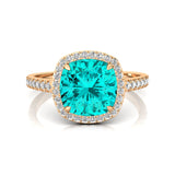 Halo Diamond Engagement Ring with Cushion Cut Paraiba Tourmaline - GeumJewels