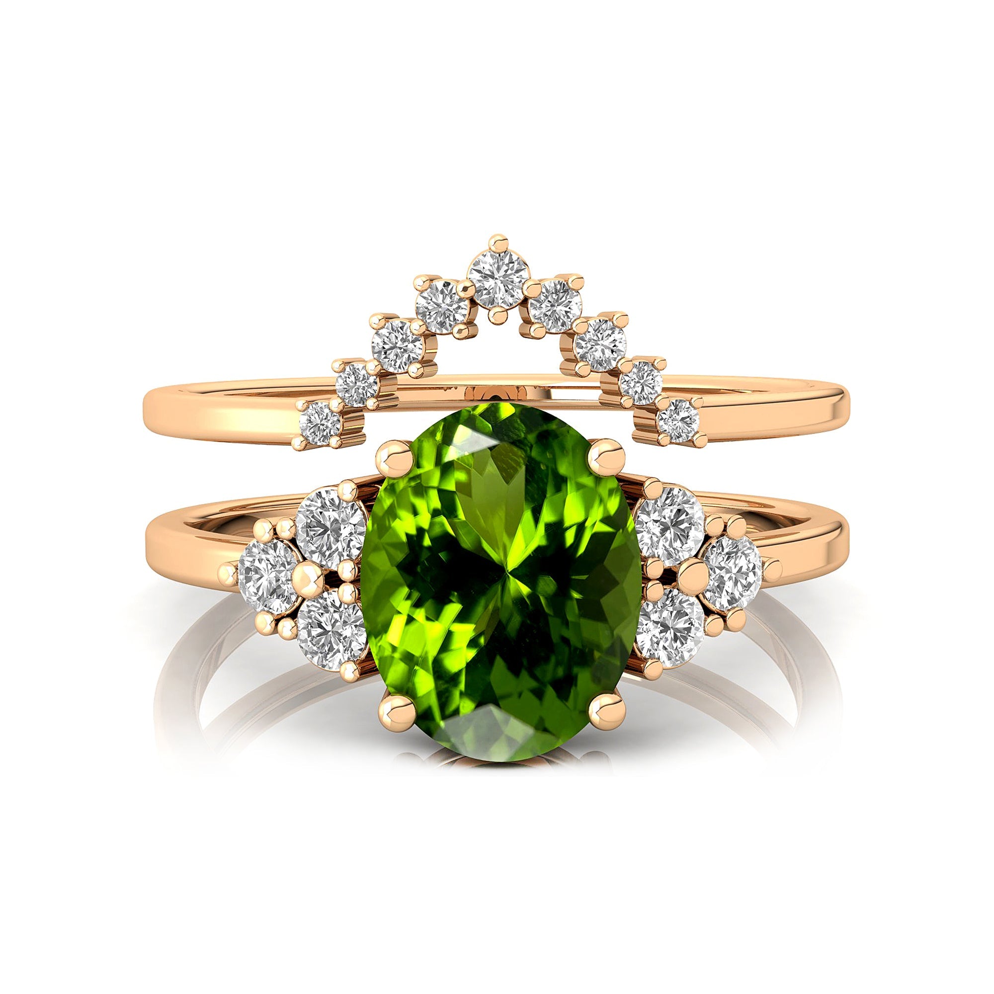 Peridot Solitaire Gold Ring With Stackable Diamond Band - GeumJewels