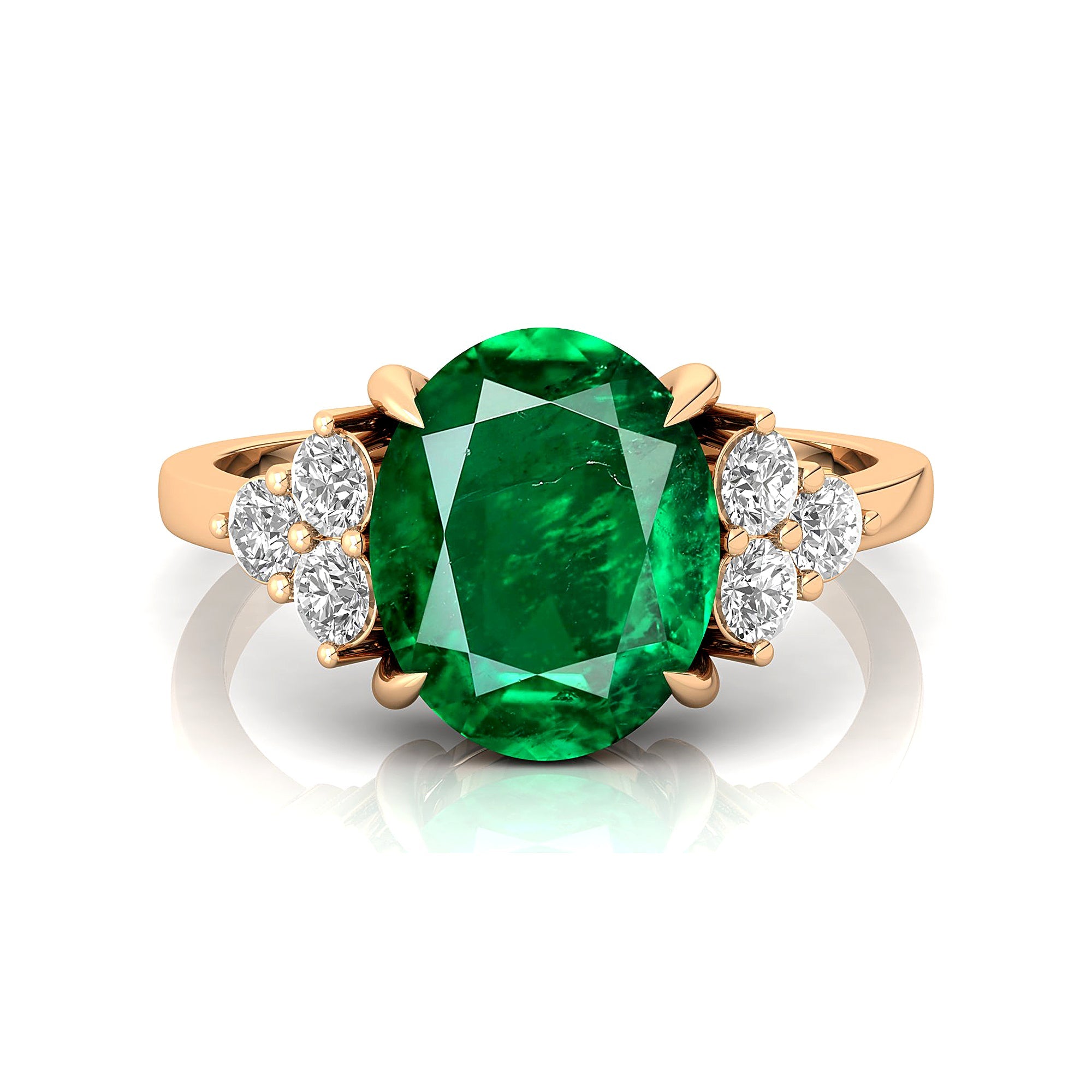 Trio Diamond Engagement Ring with Oval Cut Emerald - GeumJewels
