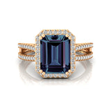 Halo Set Emerald Shaped Alexandrite Split Shank Ring with Accent Diamonds - GeumJewels