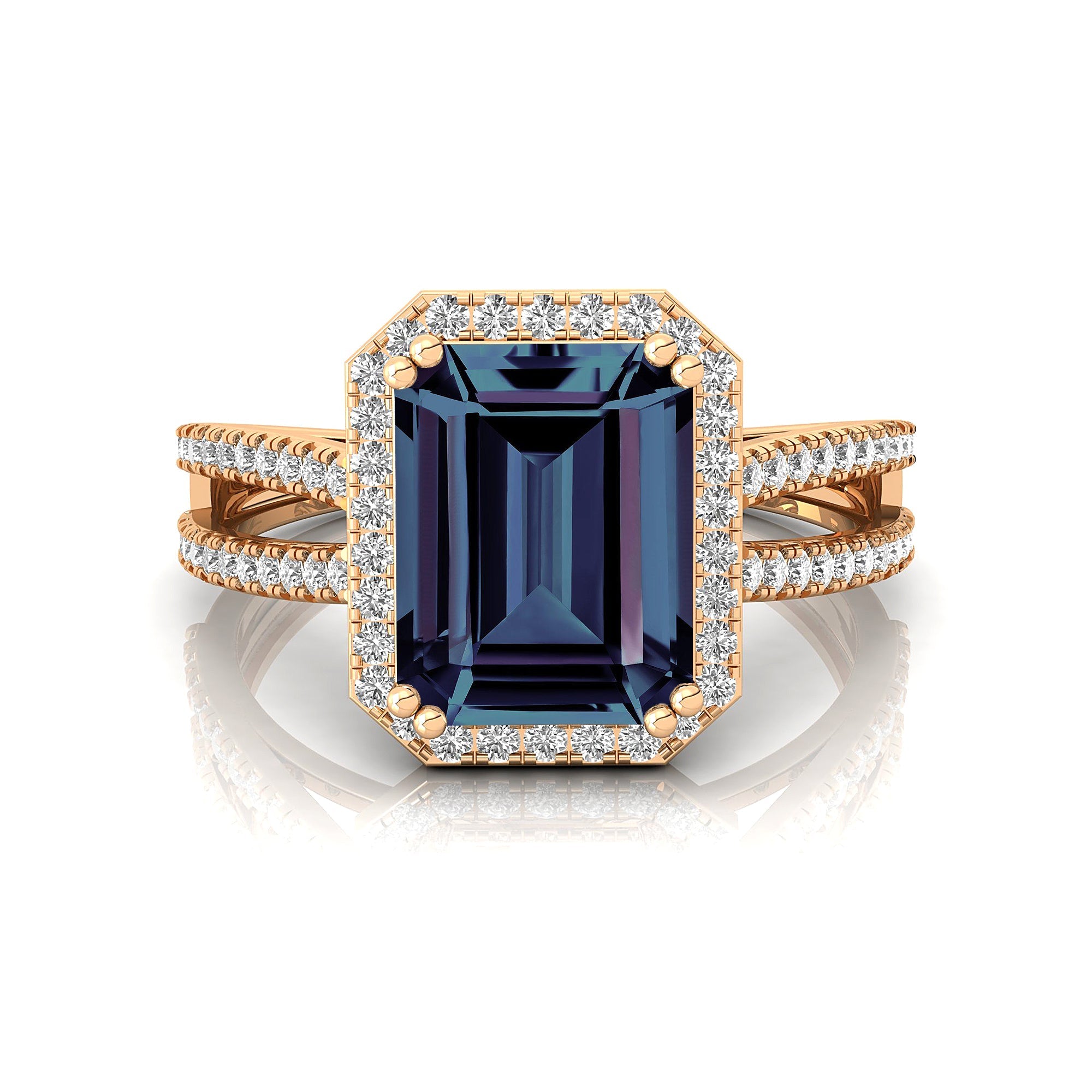 Halo Set Emerald Shaped Alexandrite Split Shank Ring with Accent Diamonds - GeumJewels
