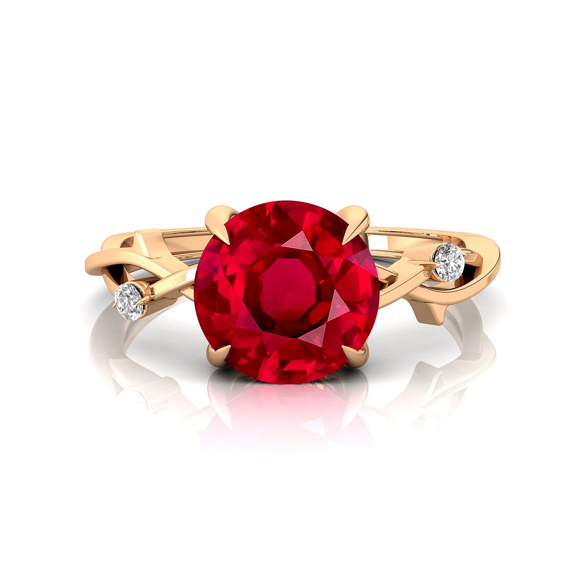 Criss Cross Nature Inspired Diamond Ring  with Round Ruby - GeumJewels