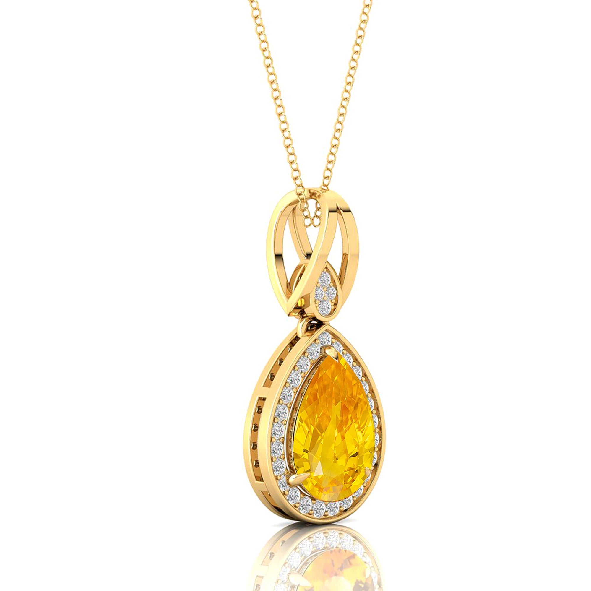 Classic Teardrop Shaped Yellow Sapphire Halo Diamond Dangle Pendant - GeumJewels