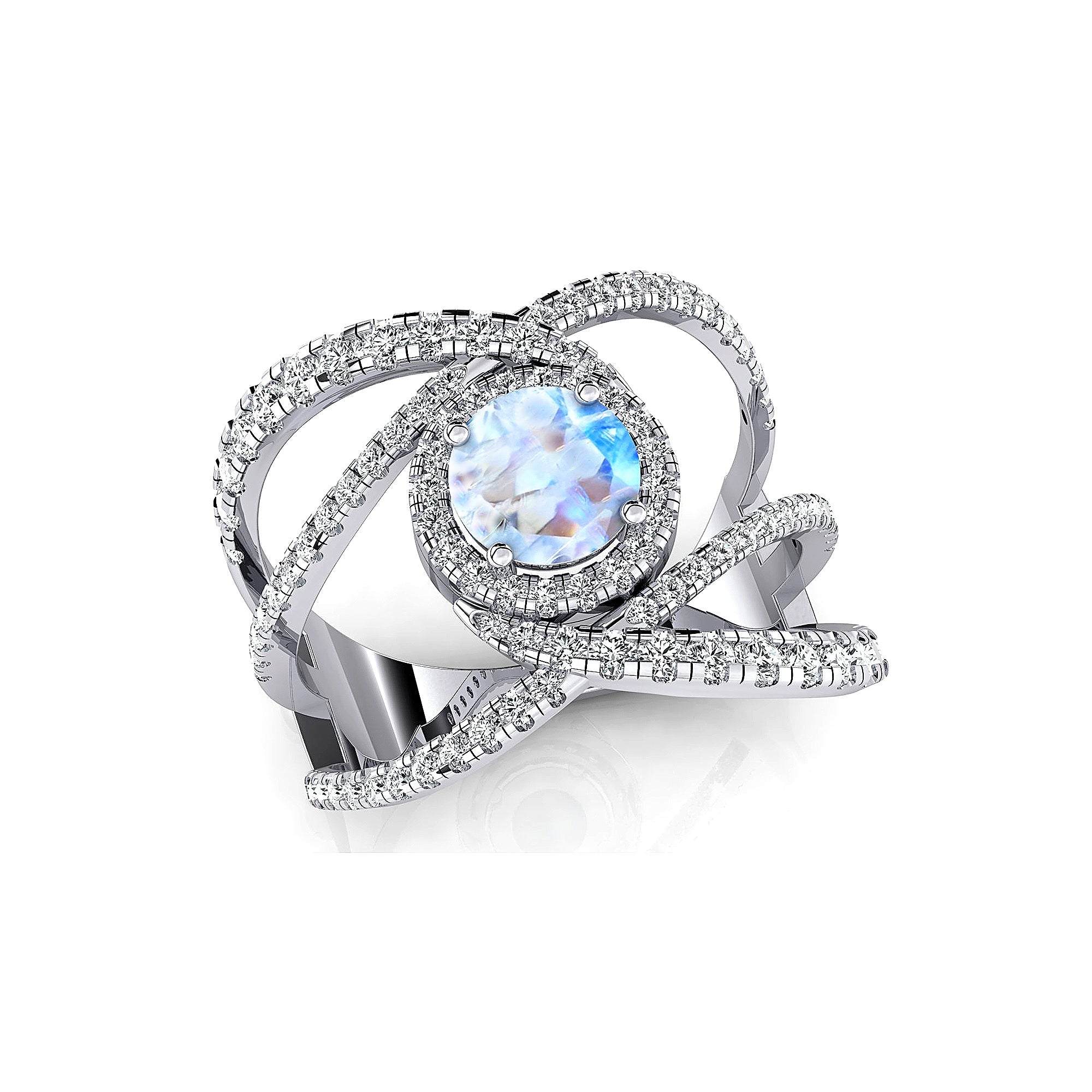 Solitaire Round Moonstone Cocktail Diamond Ring - GeumJewels