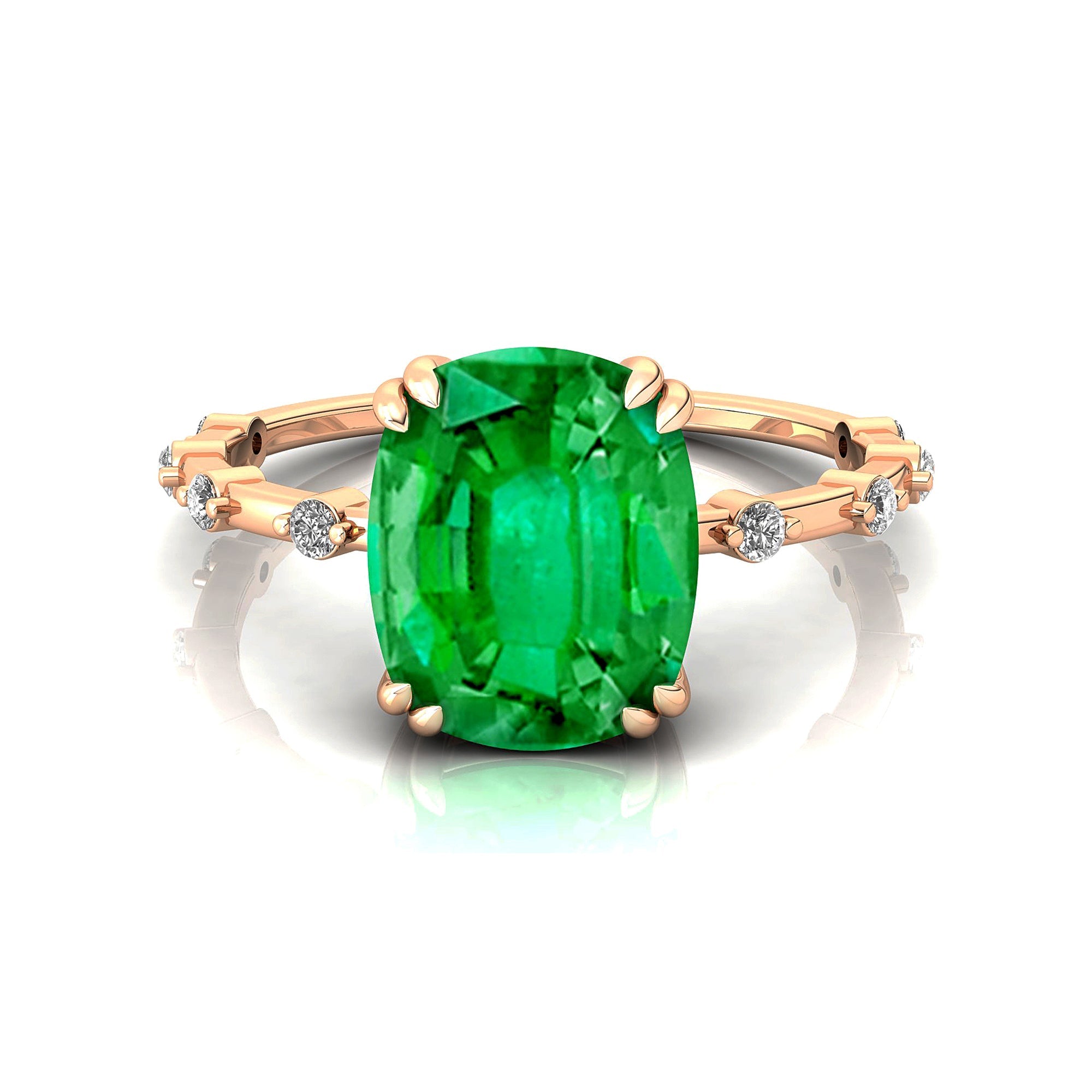Cushion Cut Emerald Engagement Ring with Distant Diamond Band - GeumJewels