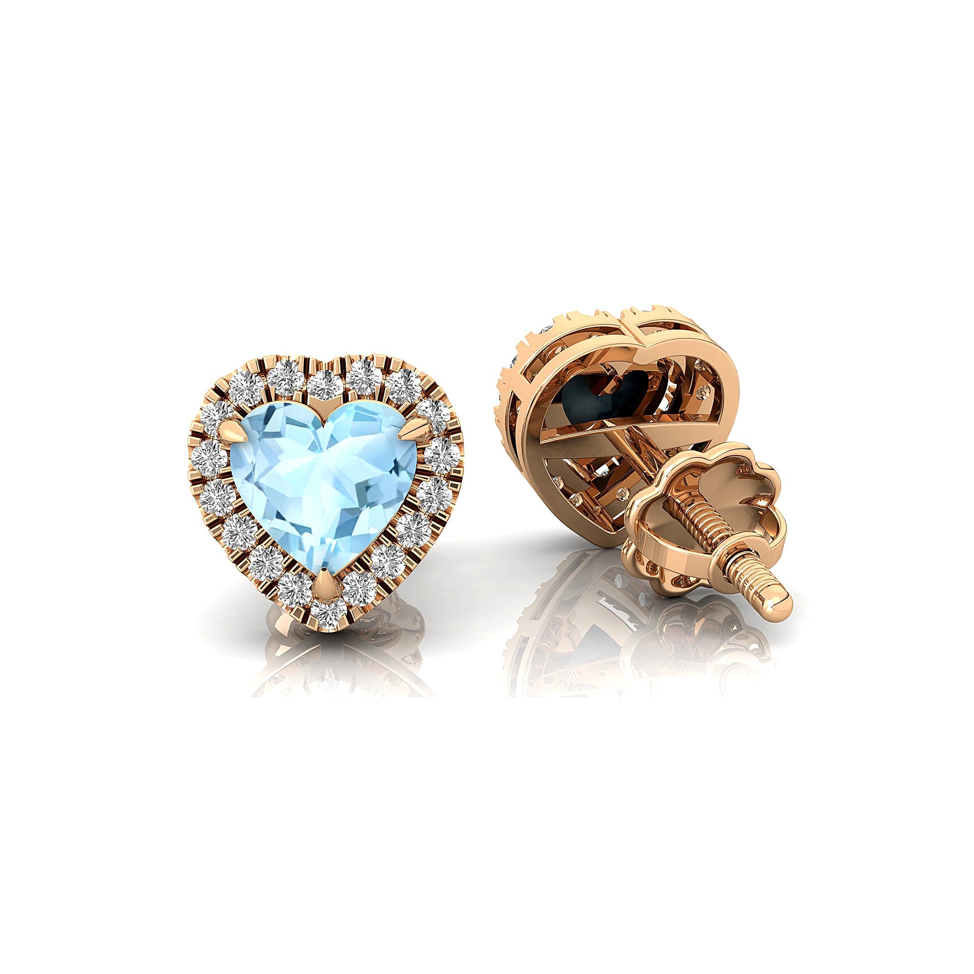 Heart Shaped Aquamarine Halo Diamond Stud Earrings - GeumJewels