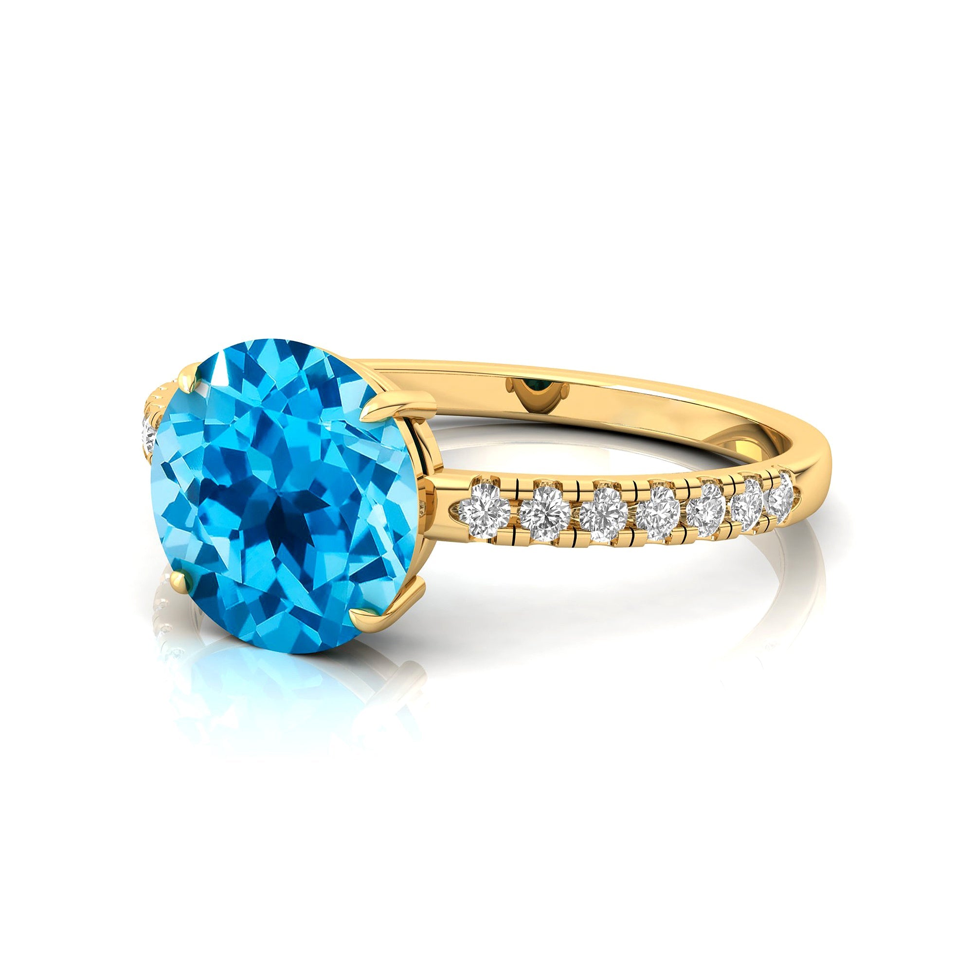 Classic Six Prong Round Solitaire Swiss Blue Topaz Ring with Accent Diamond Band - GeumJewels