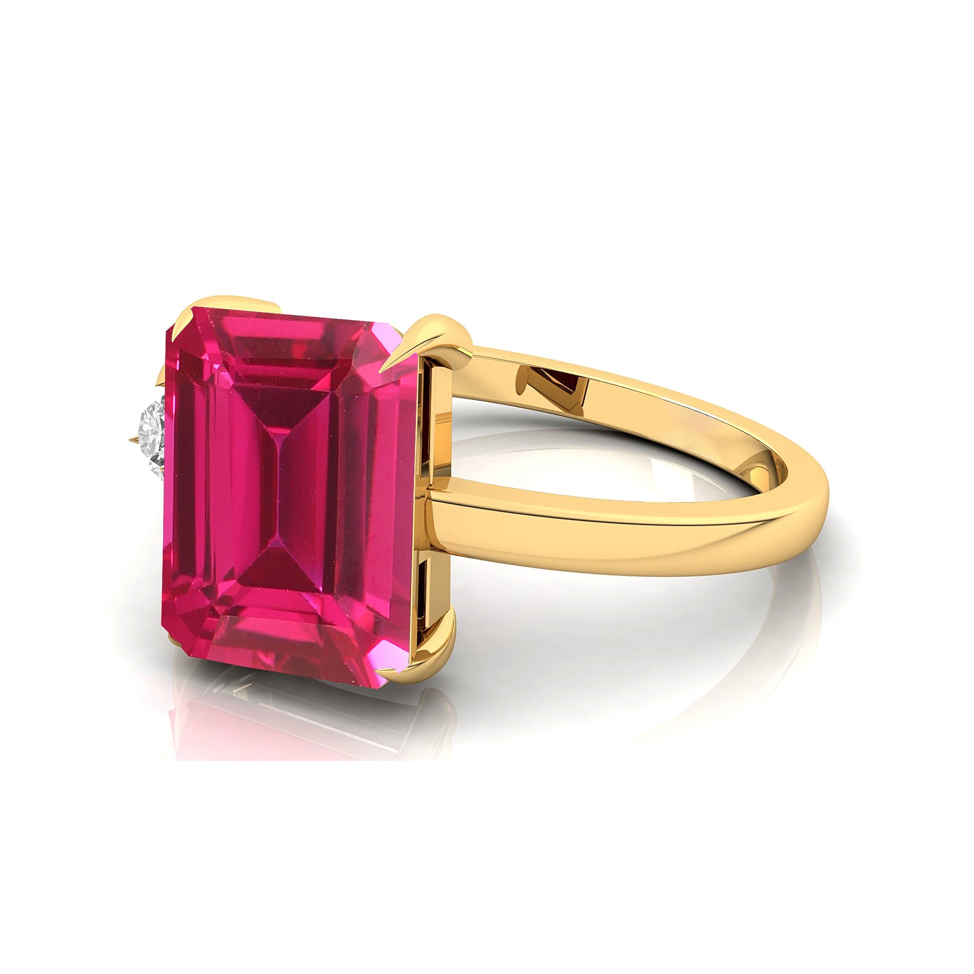 Emerald Shaped Pink Sapphire with 3mm Accent Solitaire Engagement Ring - GeumJewels