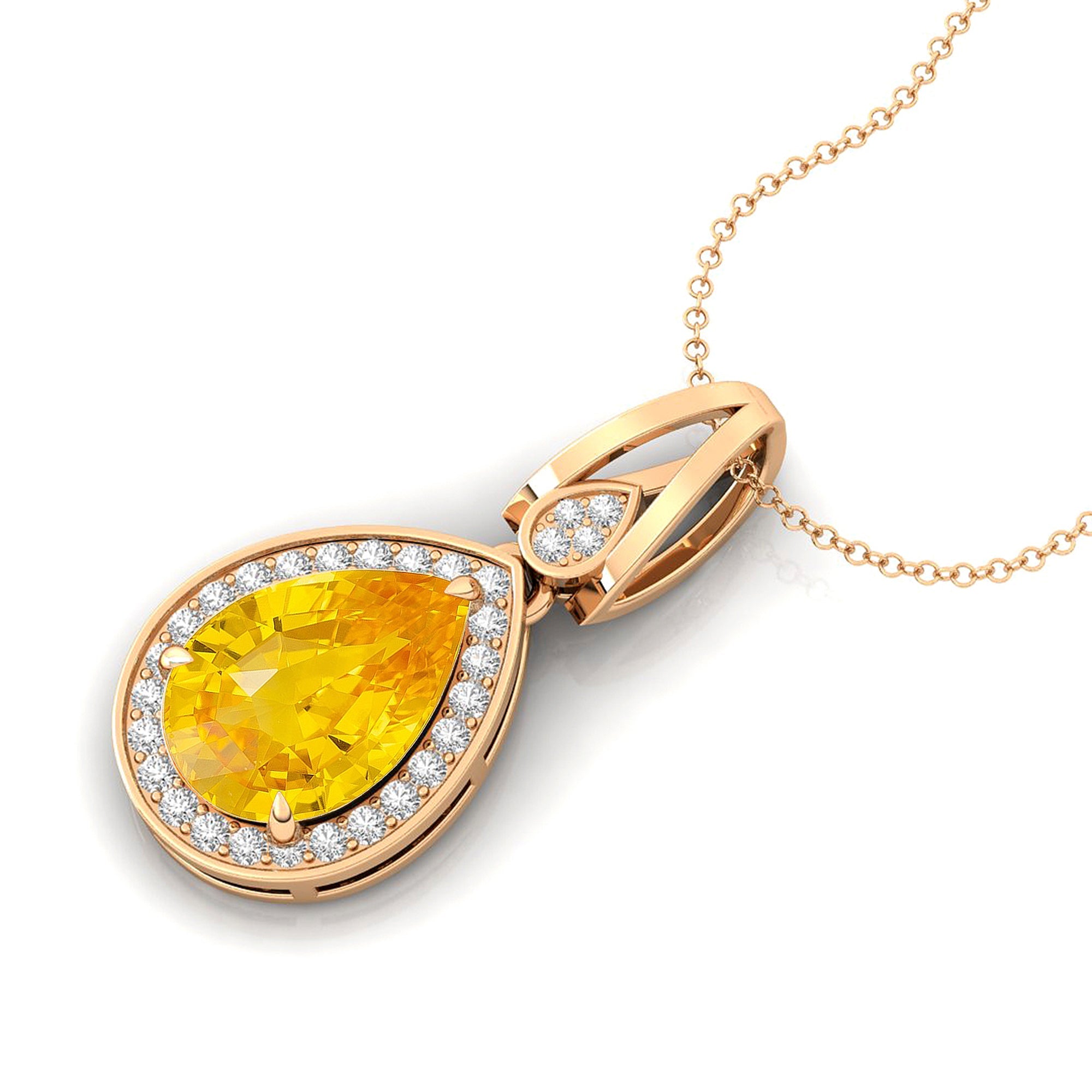 Classic Teardrop Shaped Yellow Sapphire Halo Diamond Dangle Pendant - GeumJewels