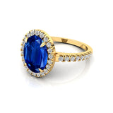 Oval Solitaire Blue Sapphire Halo Diamond Engagement Ring - GeumJewels