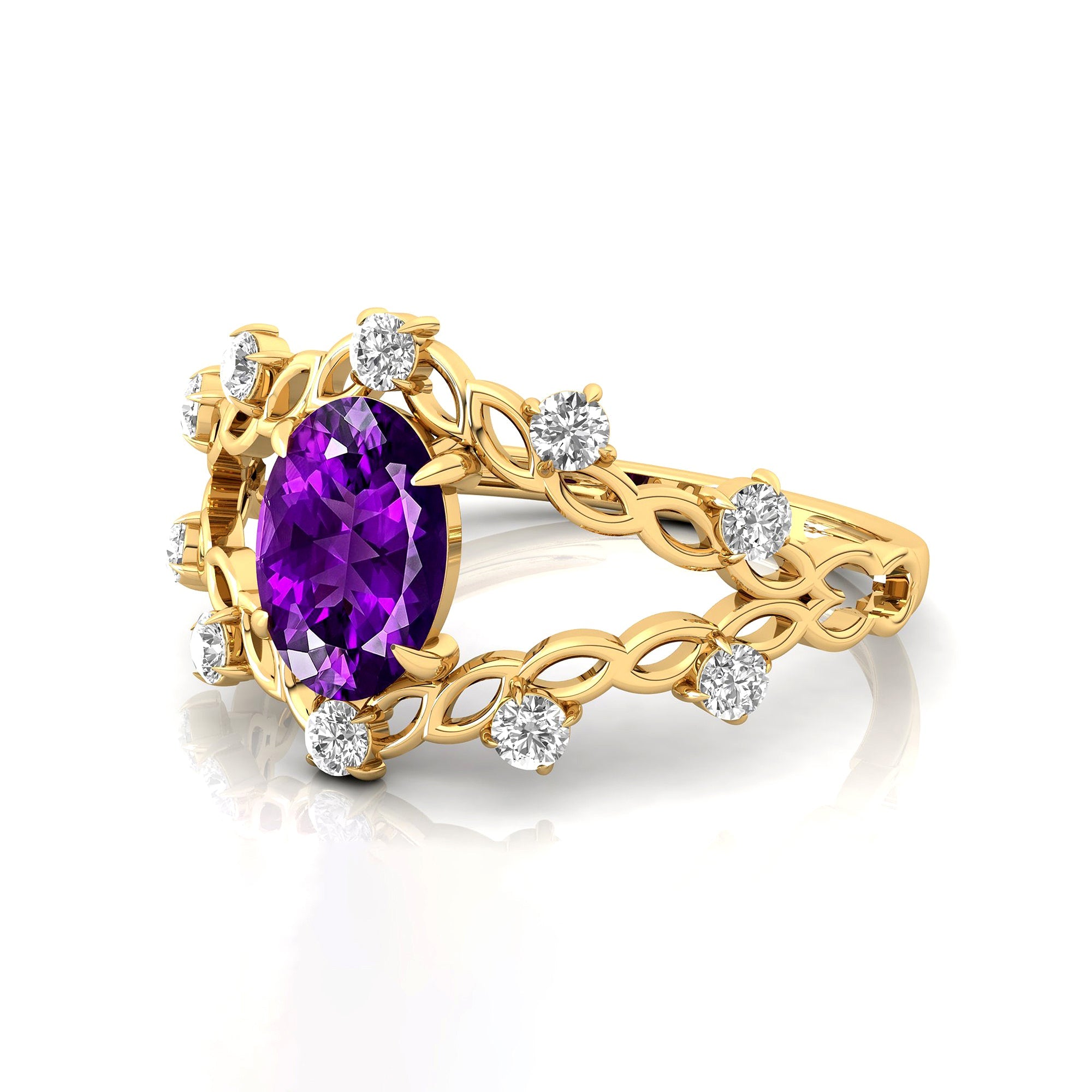Flower Inspired Ring with Oval Shaped Amethyst and Accent Diamonds - GeumJewels