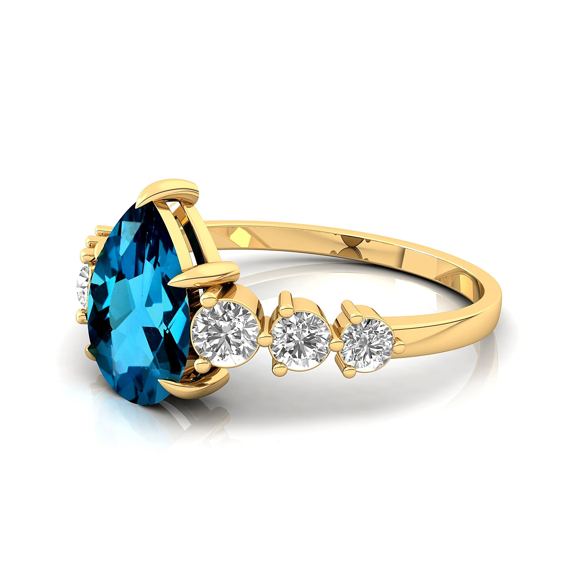 Pear Cut London Blue Topaz with Graduated Diamonds Ring - GeumJewels