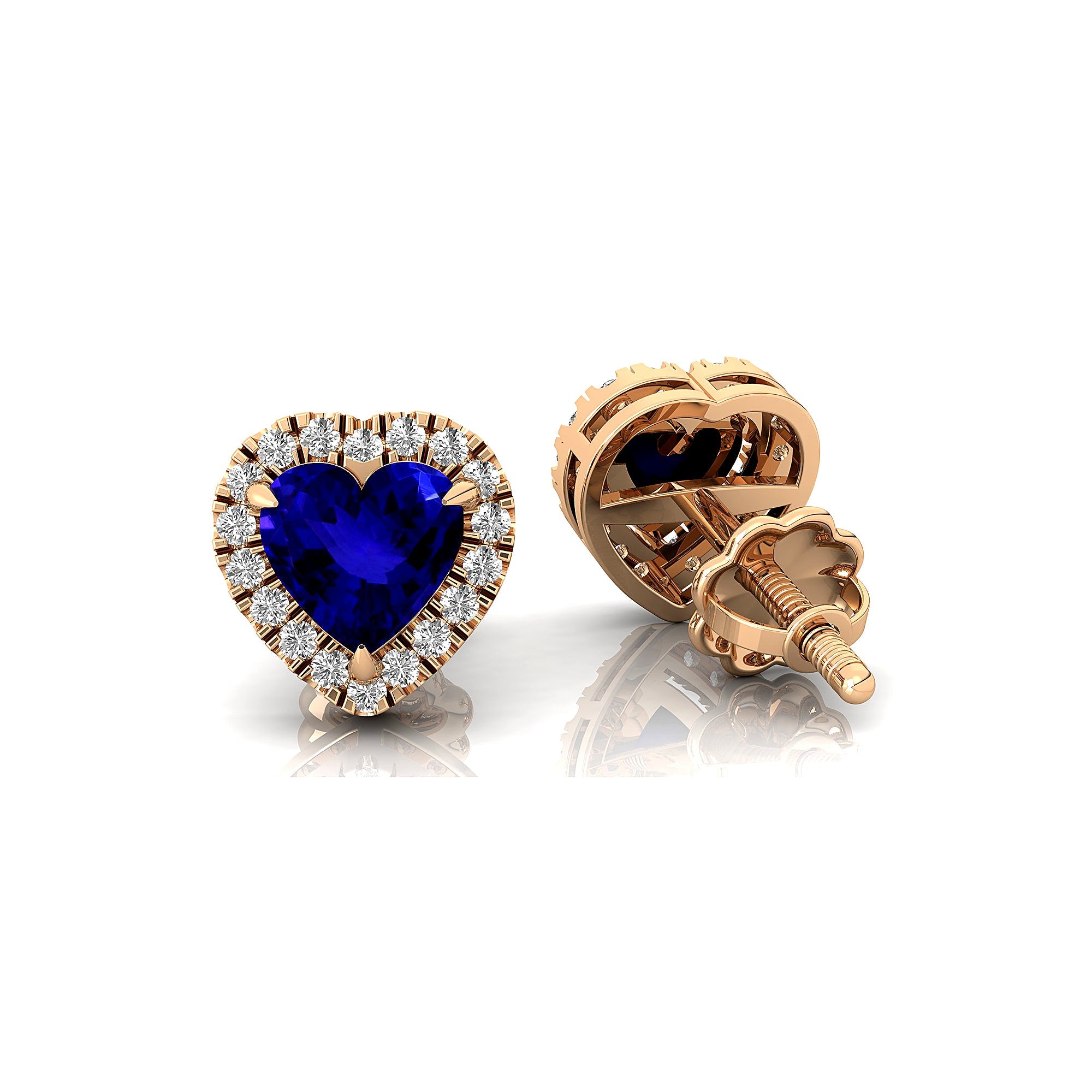 Heart Shaped Tanzanite Halo Diamond Stud Earrings - GeumJewels