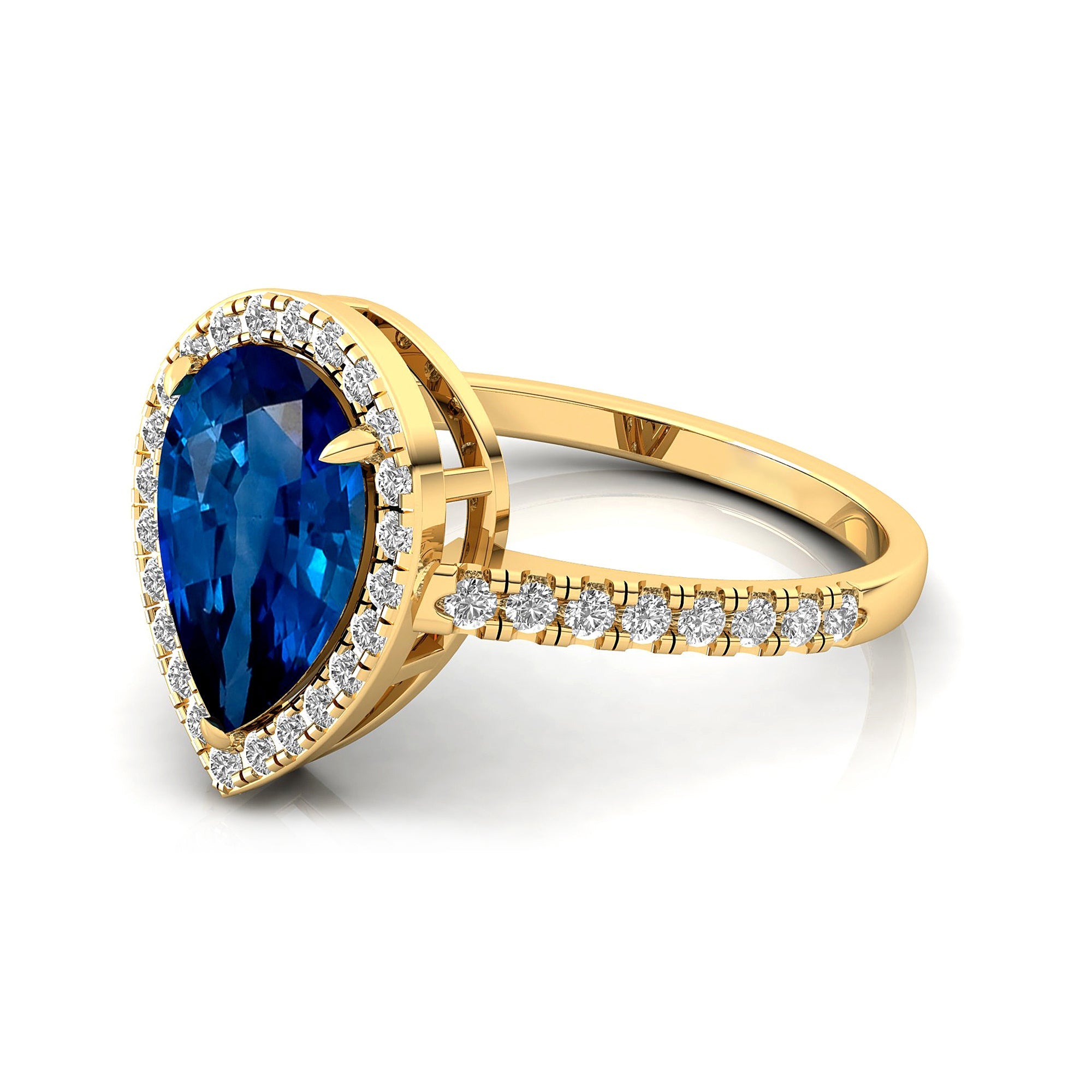 Classic Pear Shaped Blue Sapphire Halo Diamond Engagement Ring - GeumJewels