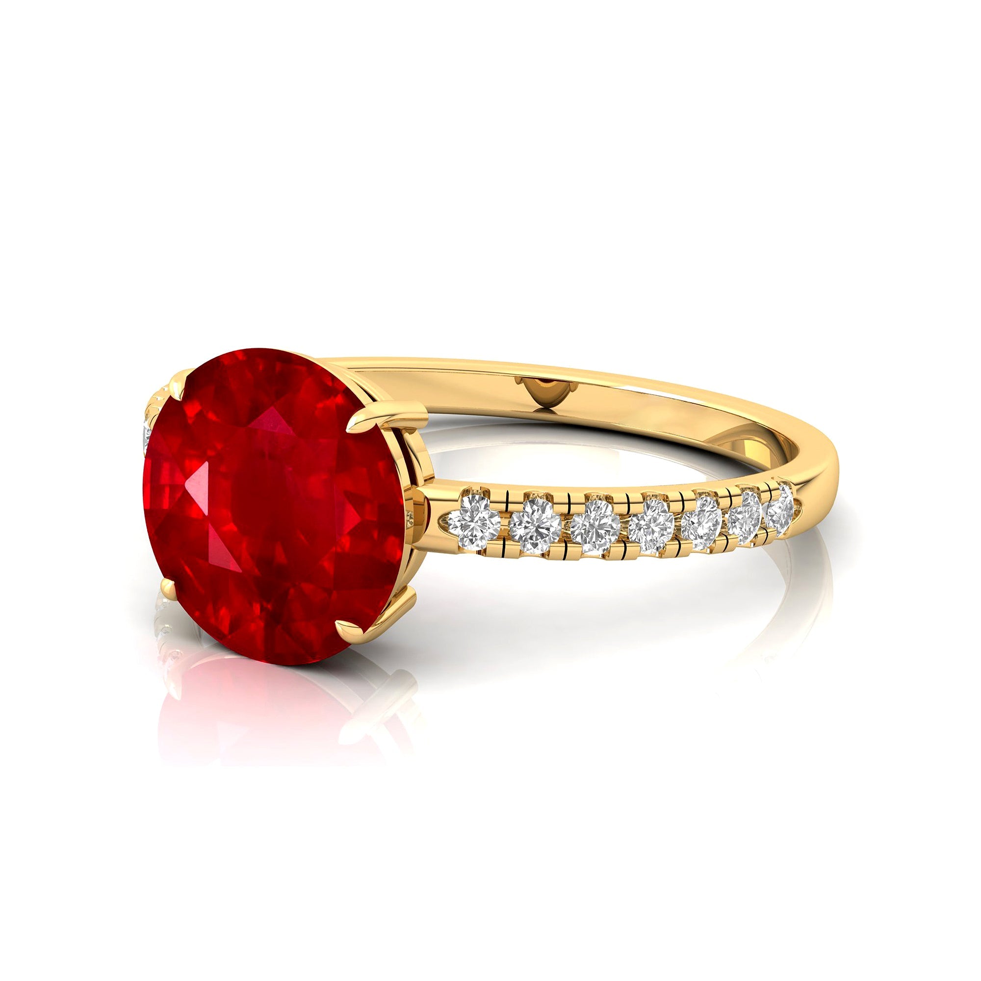 Classic Six Prong Round Solitaire Ruby Ring with Accent Diamond Band - GeumJewels