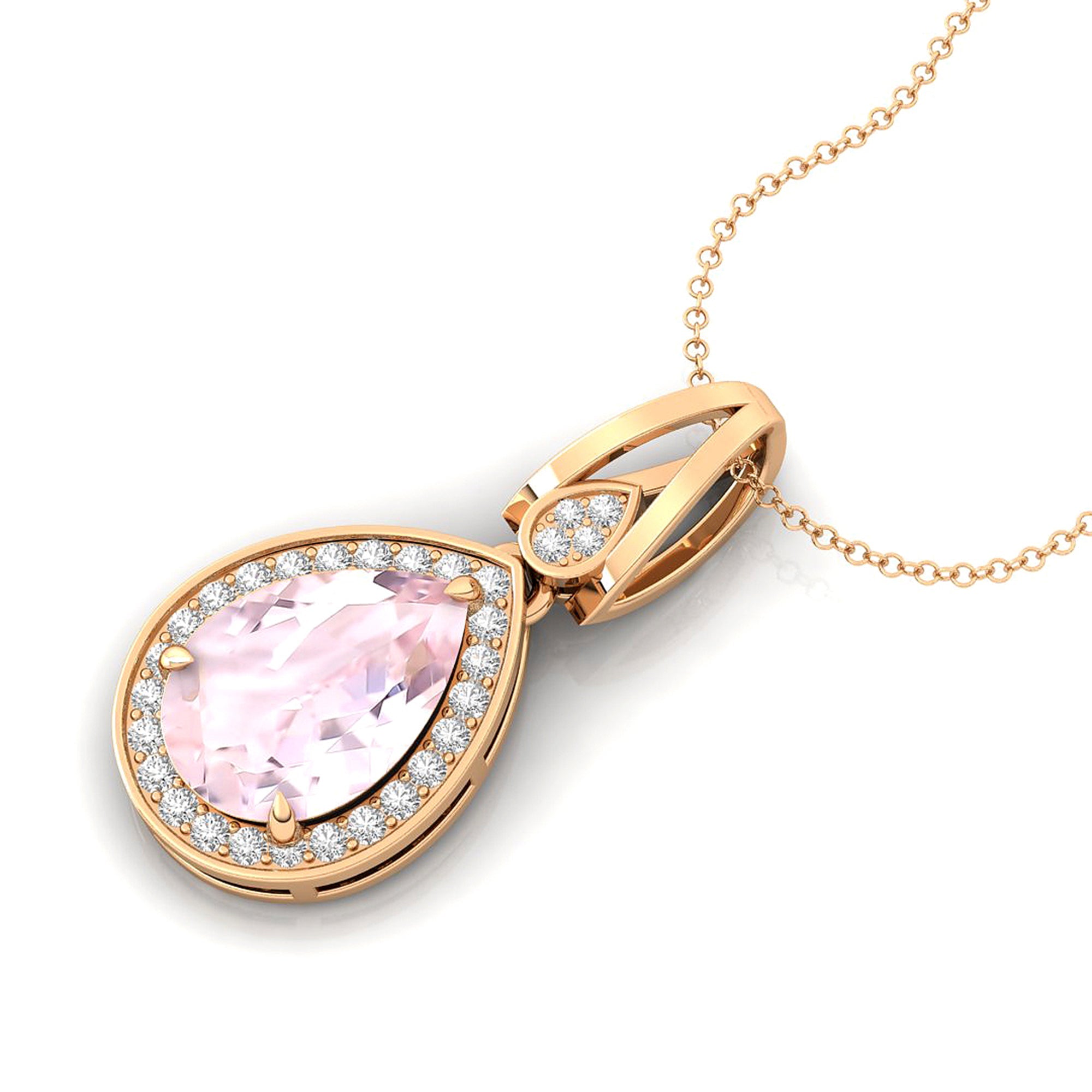Classic Teardrop Shaped Morganite Halo Diamond Dangle Pendant - GeumJewels