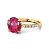 Classic Six Prong Round Solitaire Pink Sapphire Ring with Accent Diamond Band - GeumJewels