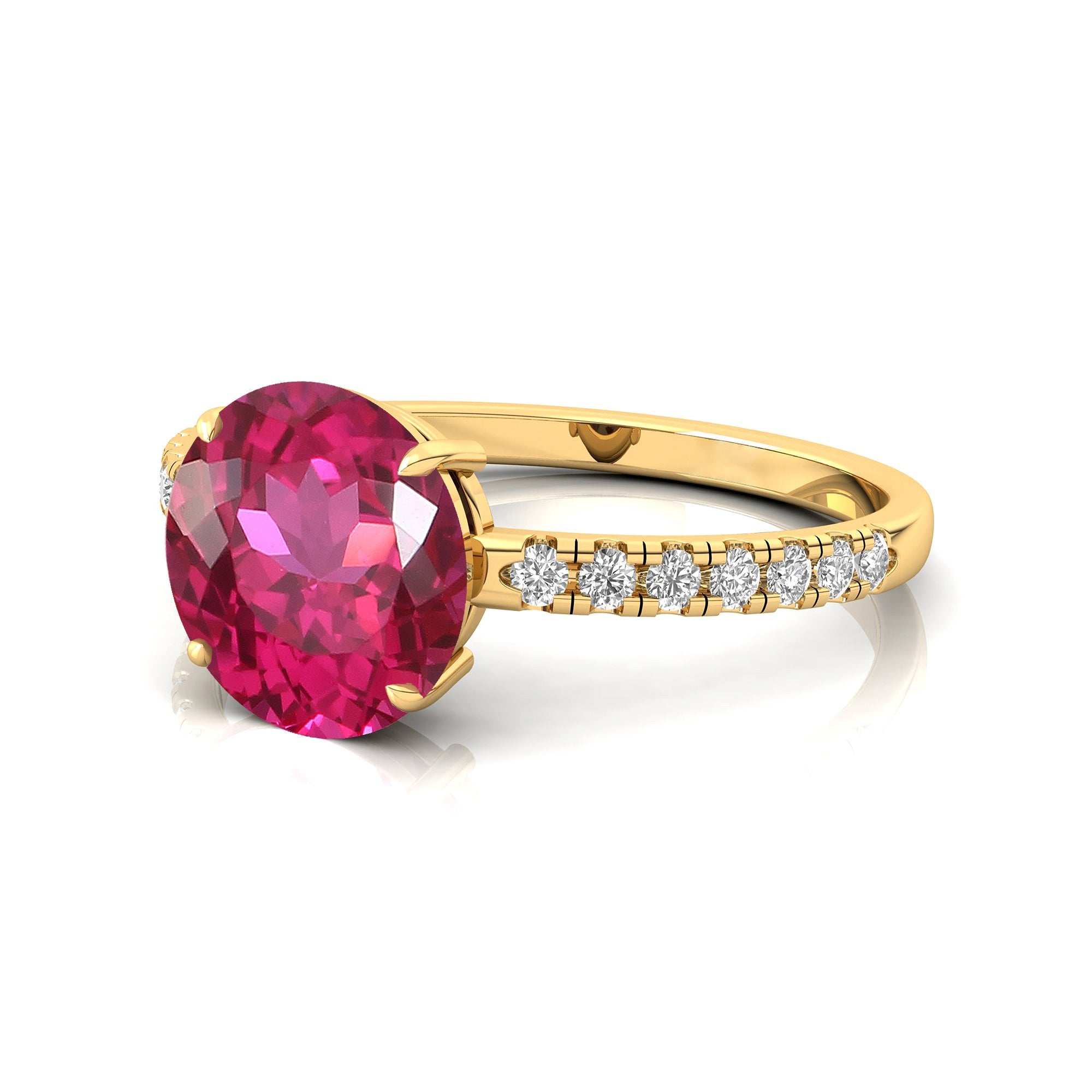 Classic Six Prong Round Solitaire Pink Sapphire Ring with Accent Diamond Band - GeumJewels