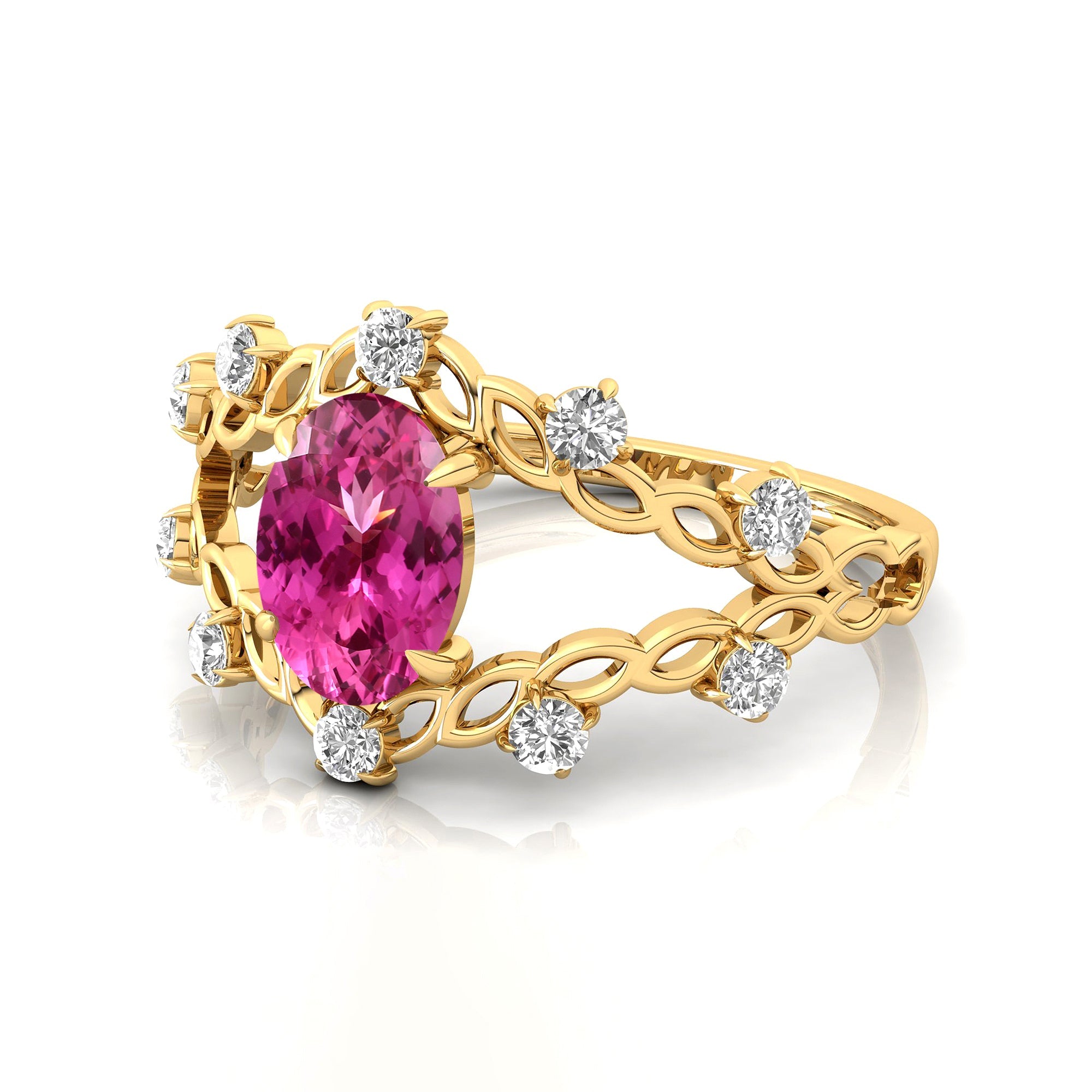 Flower Inspired Ring with Oval Shaped Pink Sapphire and Accent Diamonds - GeumJewels