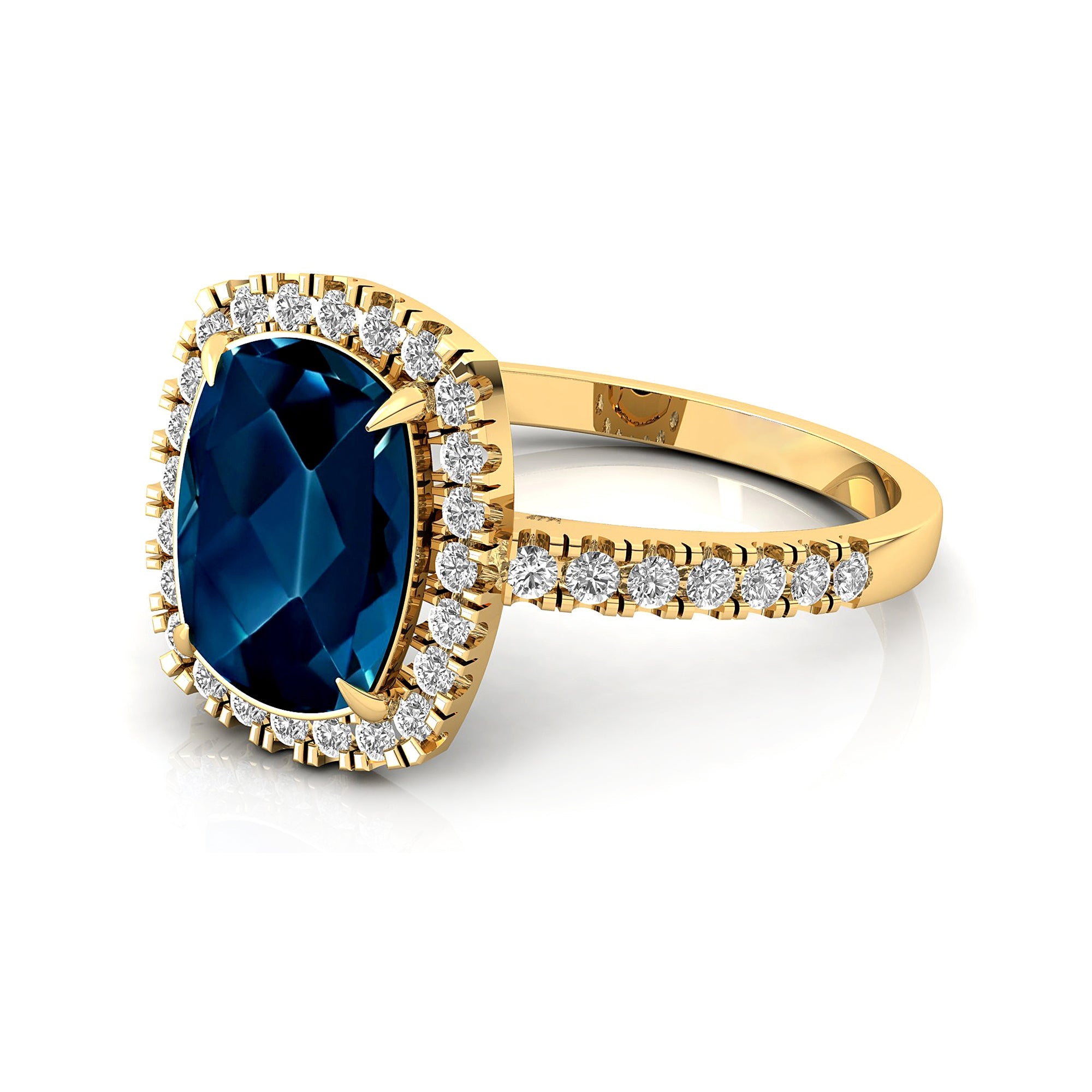 Elongated Cushion Halo Set London Blue Topaz Engagement Ring with Diamond Band - GeumJewels