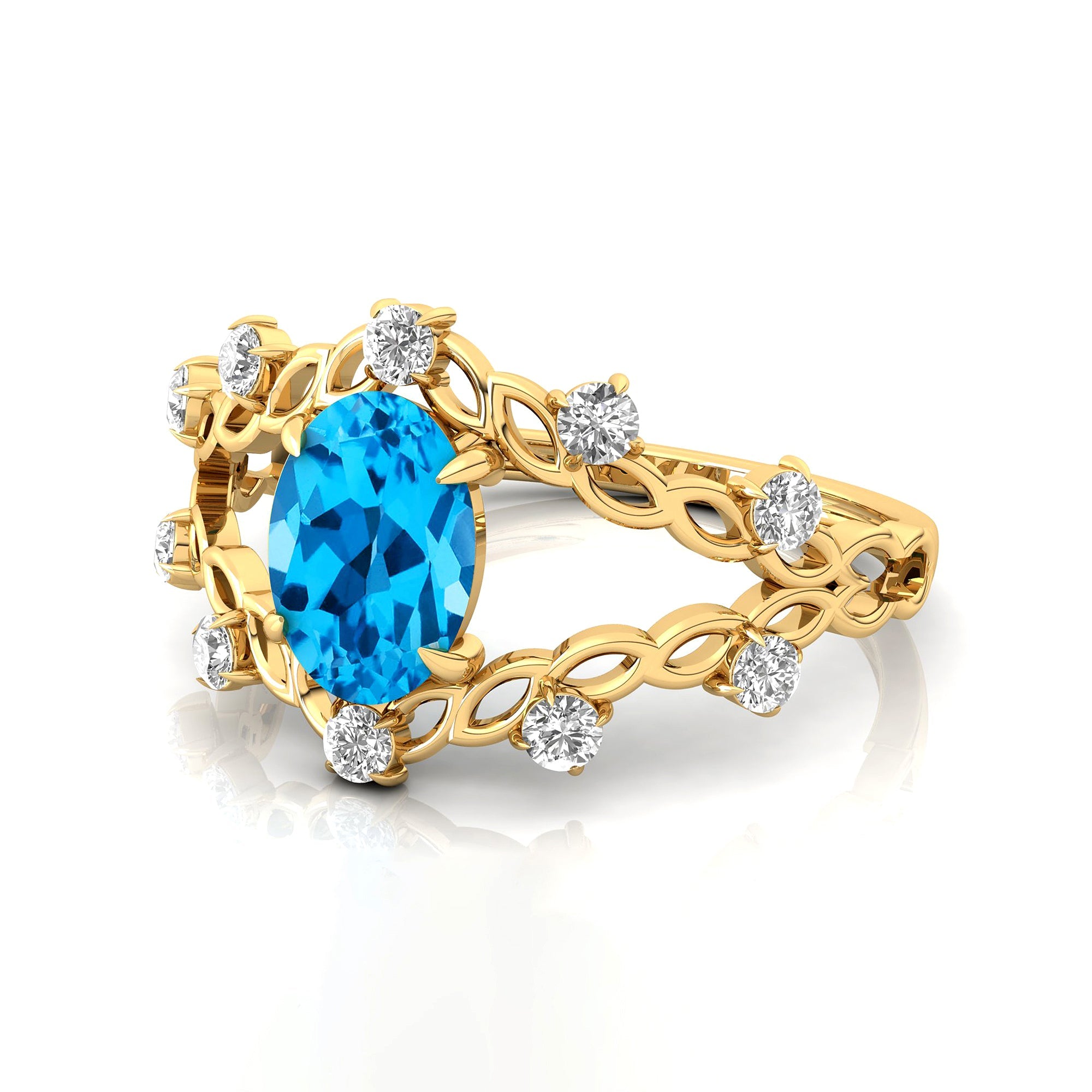 Flower Inspired Ring with Oval Shaped Swiss Blue Topaz and Accent Diamonds - GeumJewels