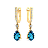 Lever Back Diamond Drop Earrings with Pear Cut London Blue Topaz - GeumJewels
