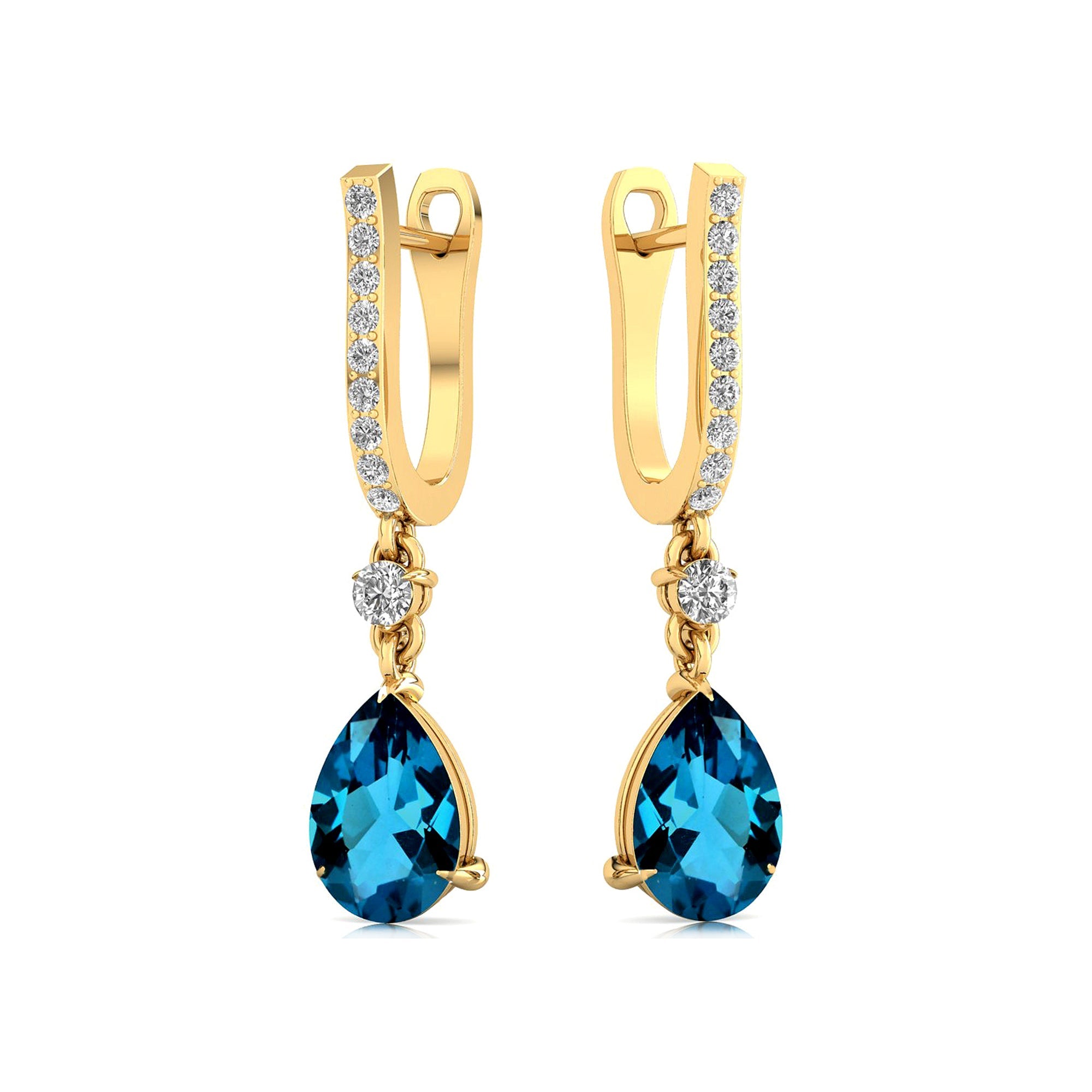Lever Back Diamond Drop Earrings with Pear Cut London Blue Topaz - GeumJewels
