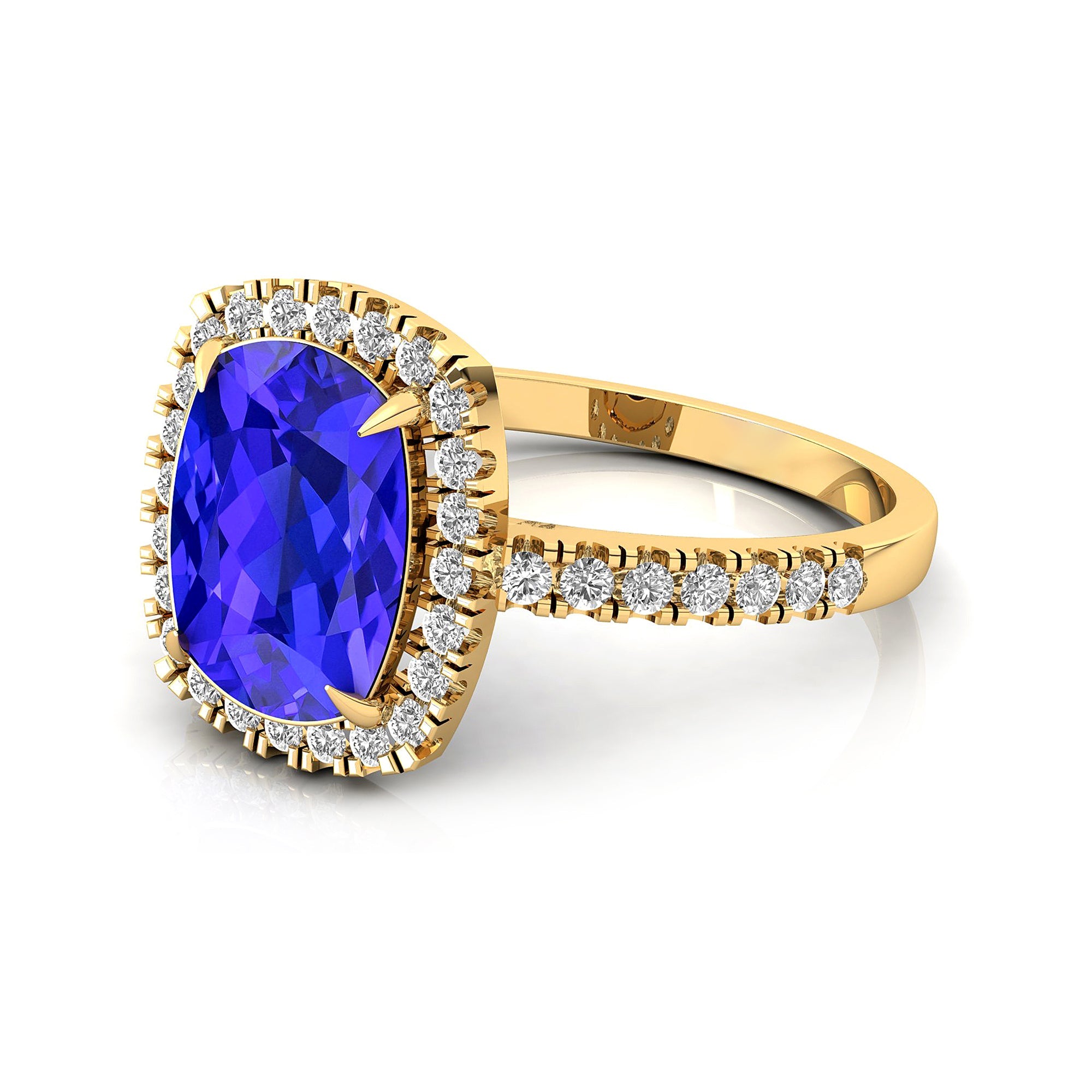 Elongated Cushion Halo Set Tanzanite Engagement Ring with Diamond Band - GeumJewels