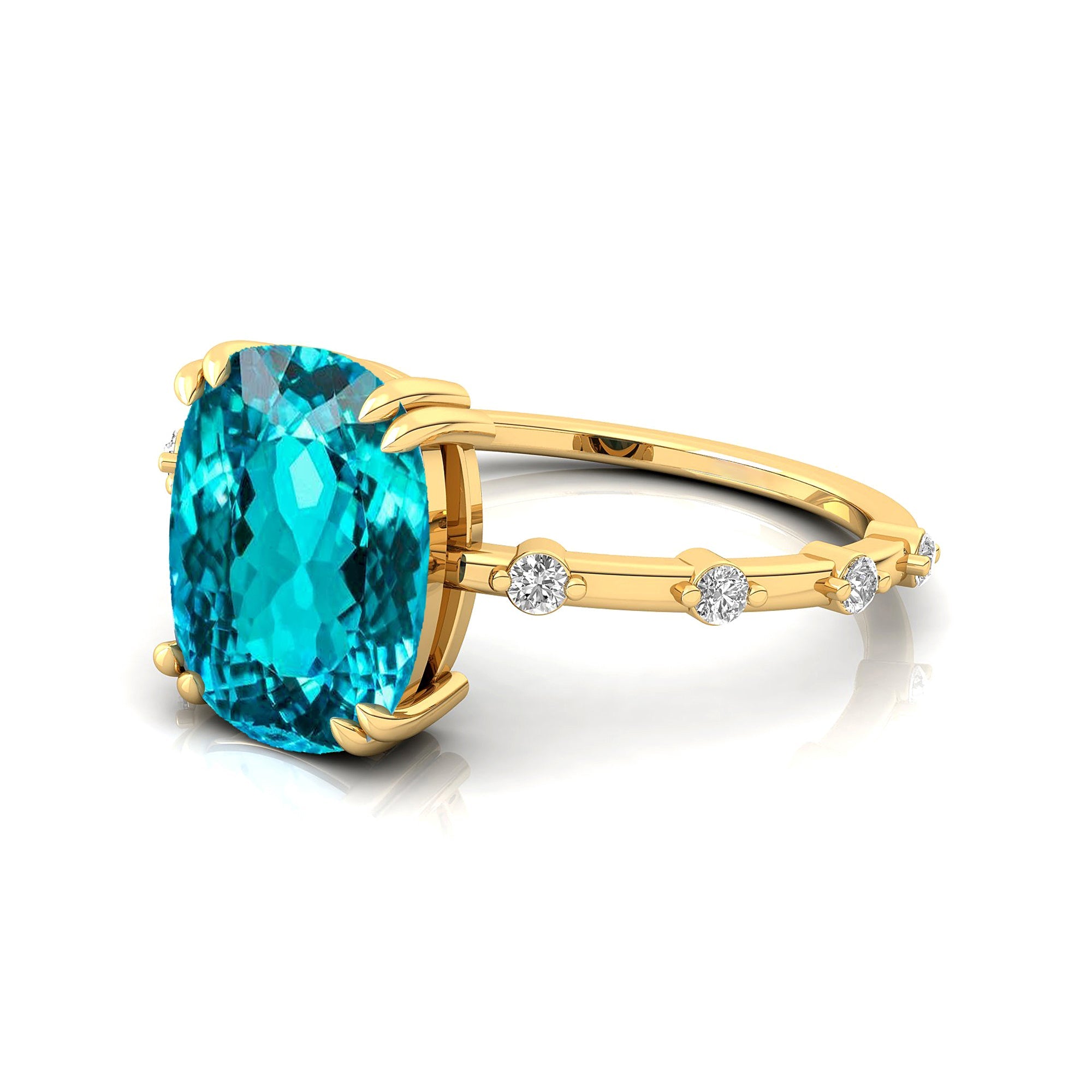 Cushion Cut Paraiba Tourmaline Engagement Ring with Distant Diamond Band - GeumJewels