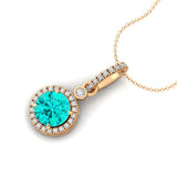 Classic Solitaire Round Paraiba Tourmaline Halo Diamond Dangle Pendant - GeumJewels