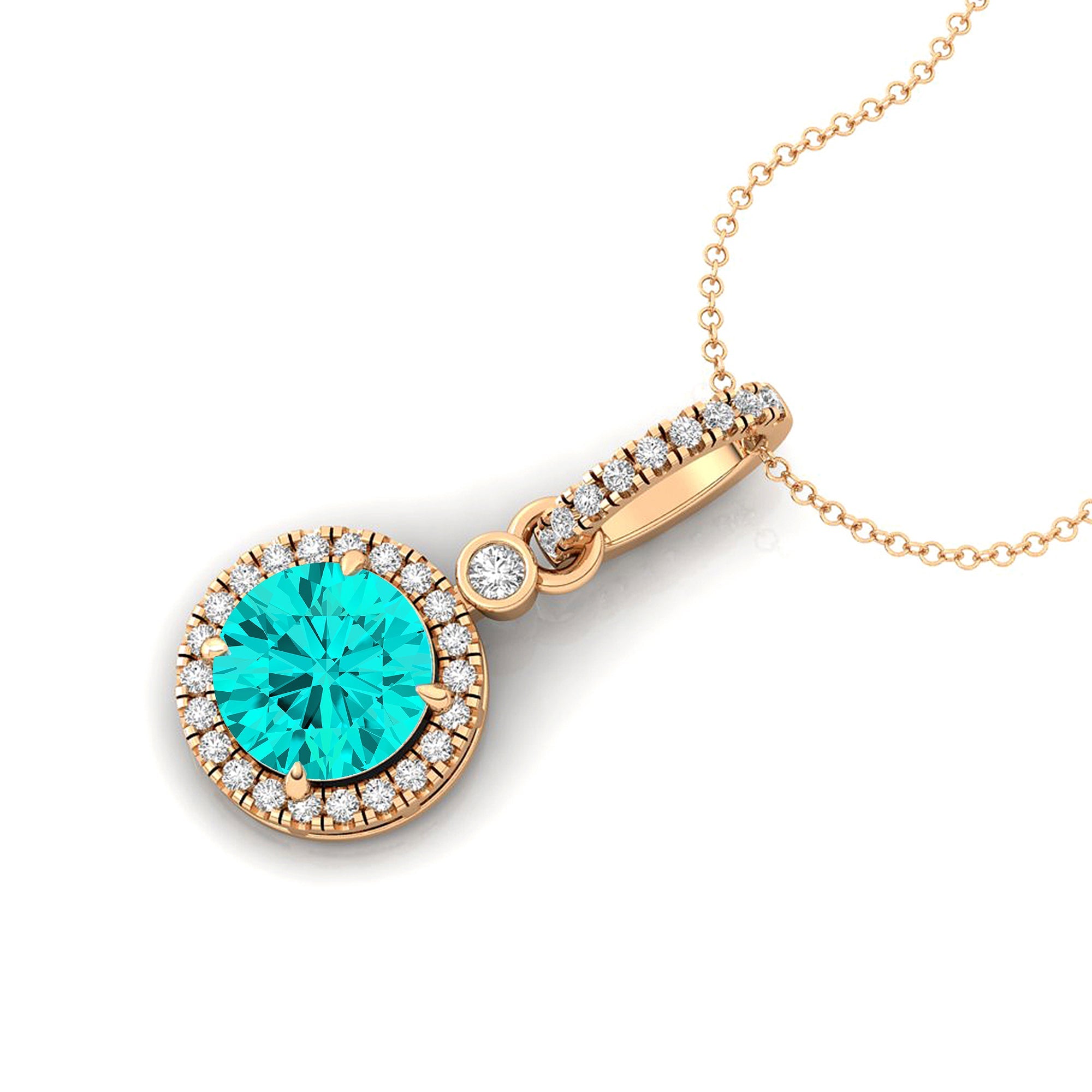 Classic Solitaire Round Paraiba Tourmaline Halo Diamond Dangle Pendant - GeumJewels
