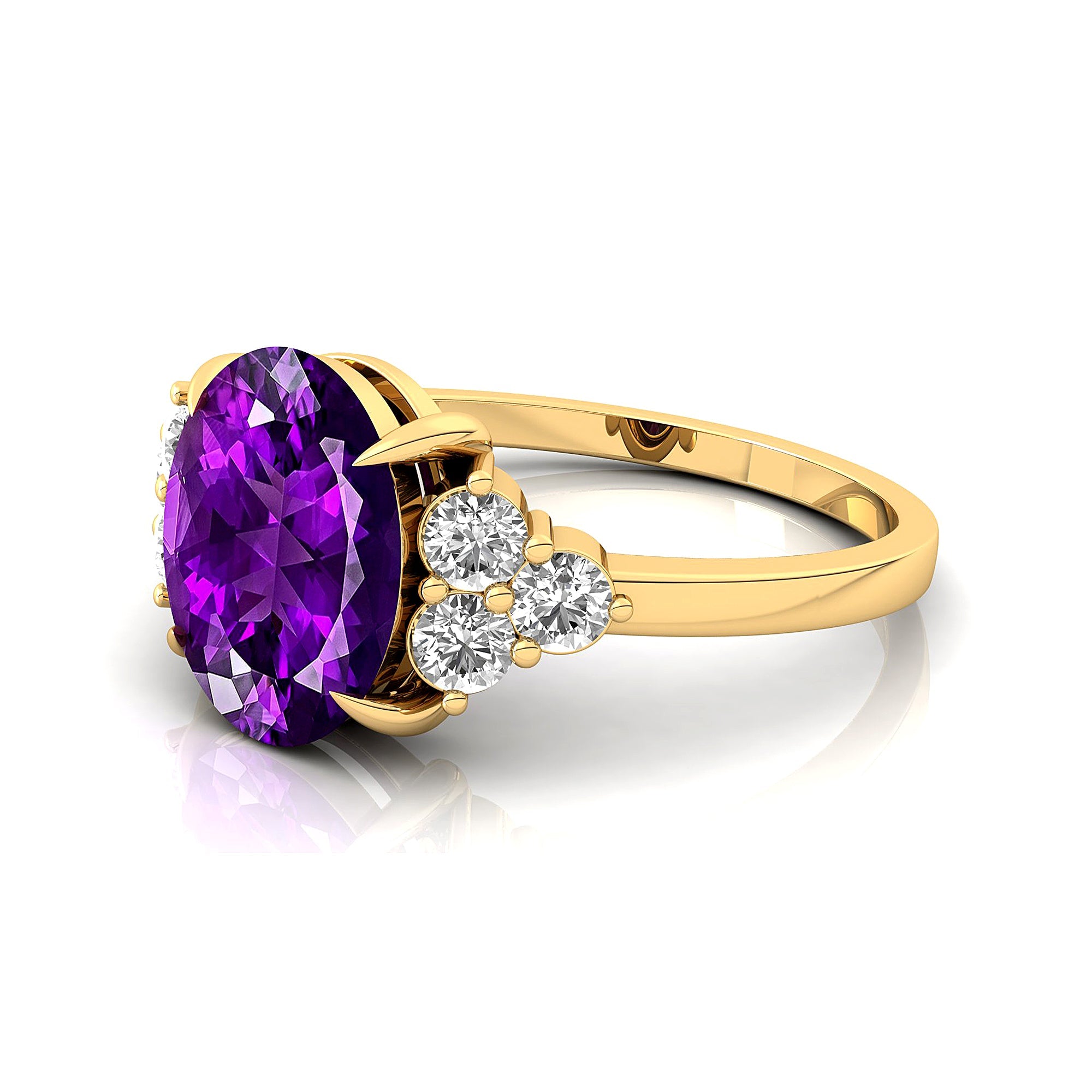 Trio Diamond Engagement Ring with Oval Cut Amethyst - GeumJewels